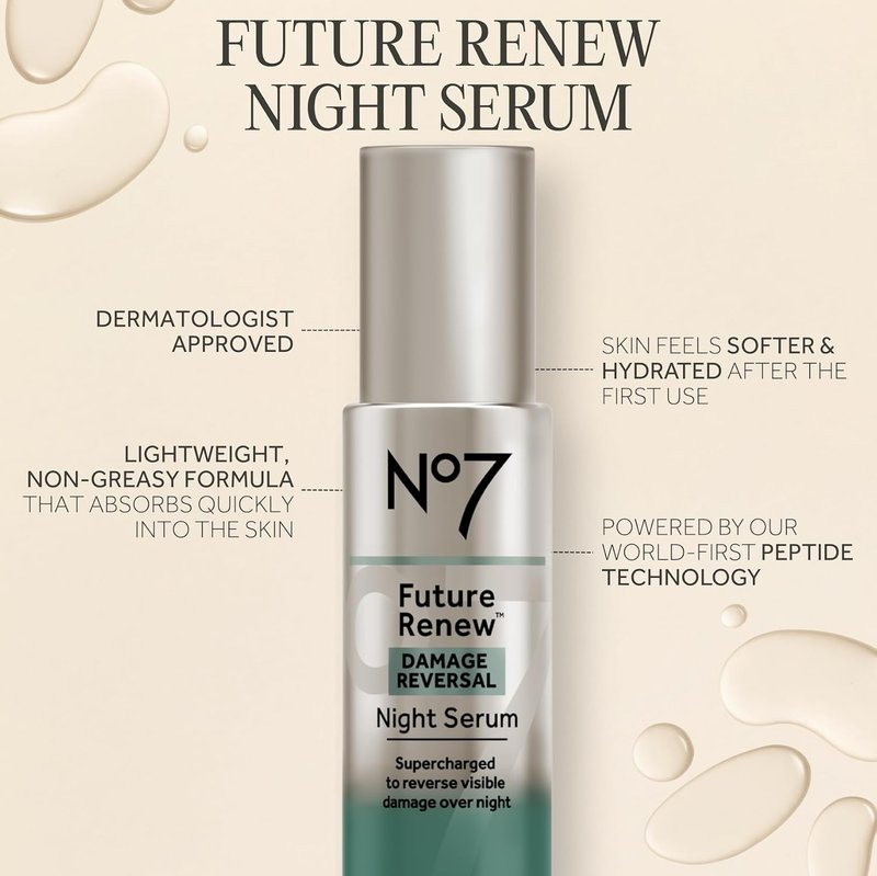No7 Future Renew Night Serum - Anti-Aging Peptides with Hyaluronic Acid & Niacinamide | 0.84 Fl Oz