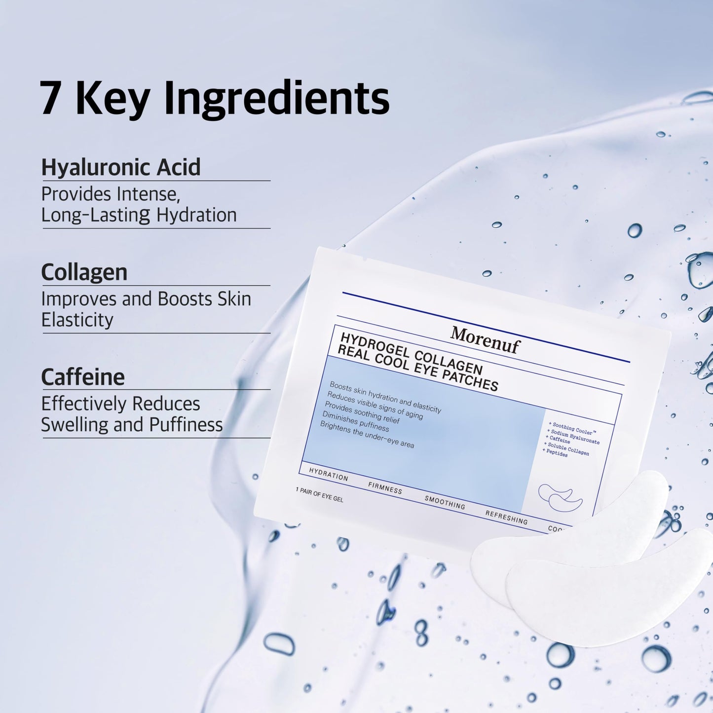 MORENUF Hydrogel Collagen Real Cool 6 Pairs of Eye Patches & Hydrating Roll-On Serum Set for Dark Circles and Puffiness - Hyaluronic Acid and Caffeine Eye Serum Korean