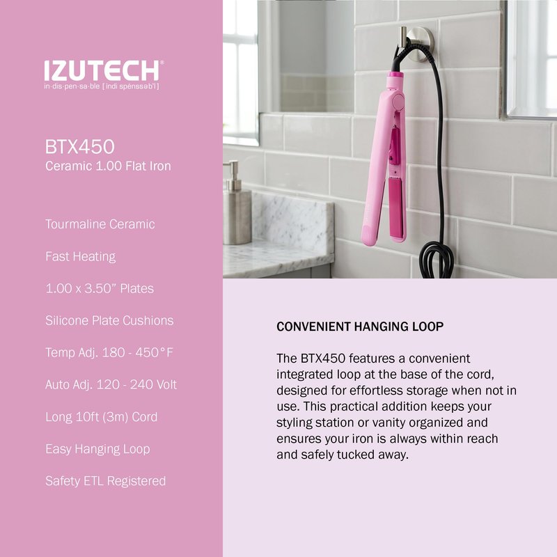 IZUTECH BTX450 1 Inch Tourmaline Ceramic Flat Iron Hair Straightener, Professional Salon Negative Ion Straightener with Adjustable Temperature for All Hair Types, Anti-Frizz High Shine, Pink