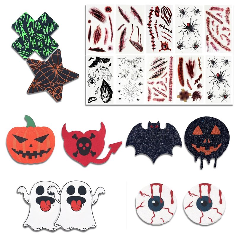 Halloween Nipple Covers - 8 Pairs of Bat, Skeleton & Pumpkin Pasties | Latex-Free Body Adhesive for Rave & Cosplay