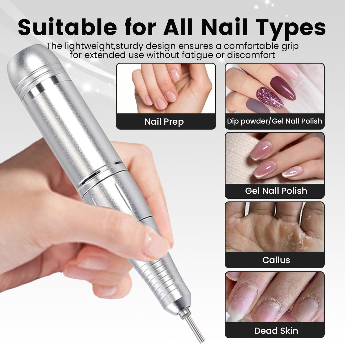 ESUOHYM 45000RPM Professional Cordless Portable Nail Drill Cordless Low Noise Nail Filer Electric Machine with Efile Bits & Base for Acrylic Nails, Nail Buffer Machine for Salon Home (Grey)