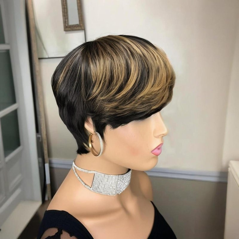 Short Layered Pixie Cut Wig Human Hair for Black Women Multicolor Brazilian Virgin Straight Human Hair Pixie Wigs with Bangs Glueless None Lace Front Full Machine Made Wigs Black and Blonde 1B27