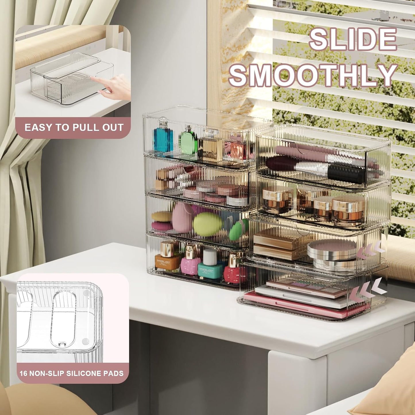 Clear Stackable Storage Drawers - 8-Pack Multi-Purpose Organizers with Non-Slip Silicone Feet | Transparent Acrylic Bins for Vanity, Office, Bathroom, Pantry