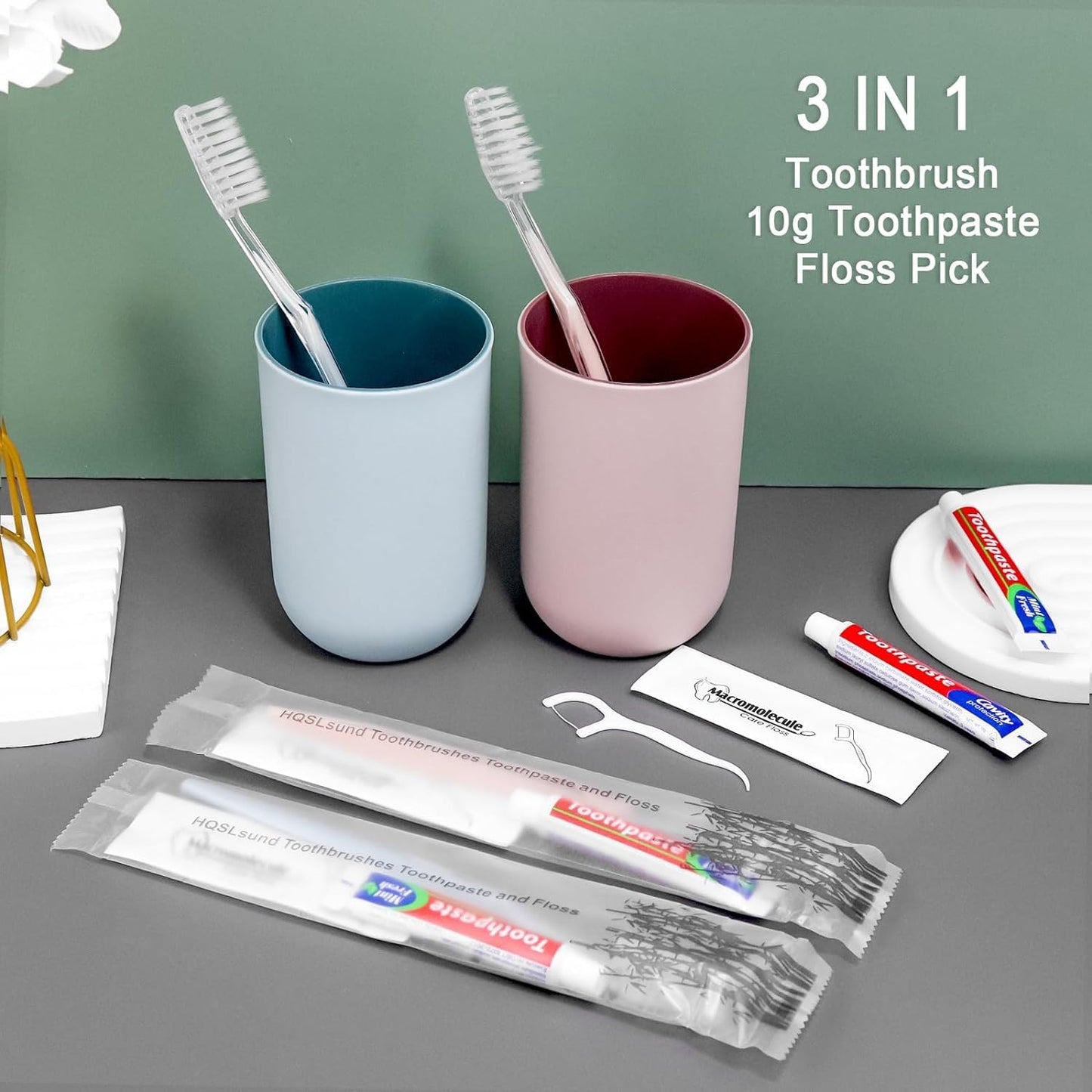 HQSLsund 100 Pack Disposable Toothbrushes with Toothpaste Floss Individually Wrapped, 2 Color Toothbrush,10g Toothpaste,Floss Pick,Bulk Toothbrush Kit for Homeless,Airbnb,Hotel,Guest