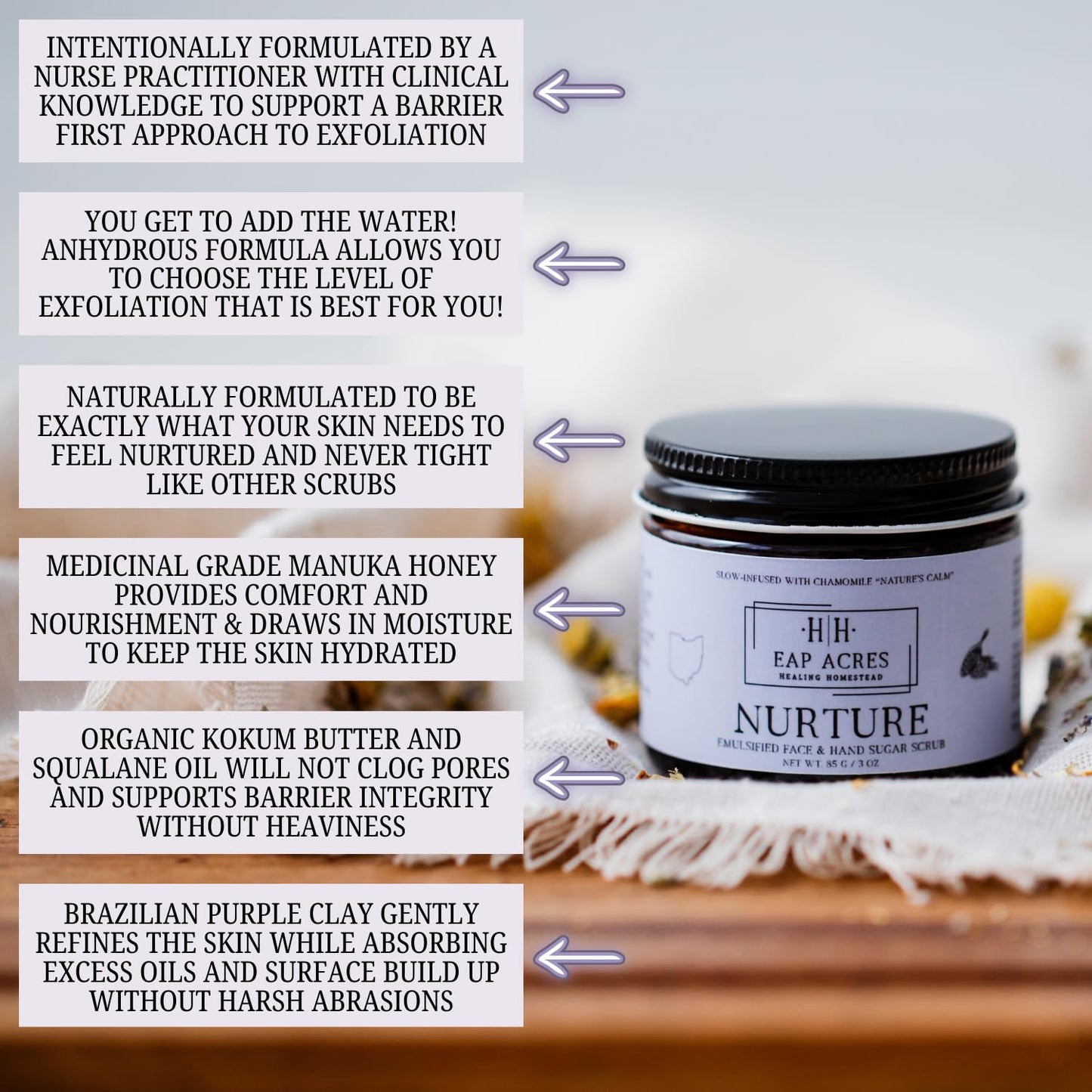 Emulsified Face Sugar Scrub, Organic squalane oil/Castor oil: infused Chamomile, Kokum Butter, Purple Clay, Colloidal Oatmeal, Manuka Honey-Gentle exfoliant: Dry/Sensitive/Acne-Prone (NURTURE)