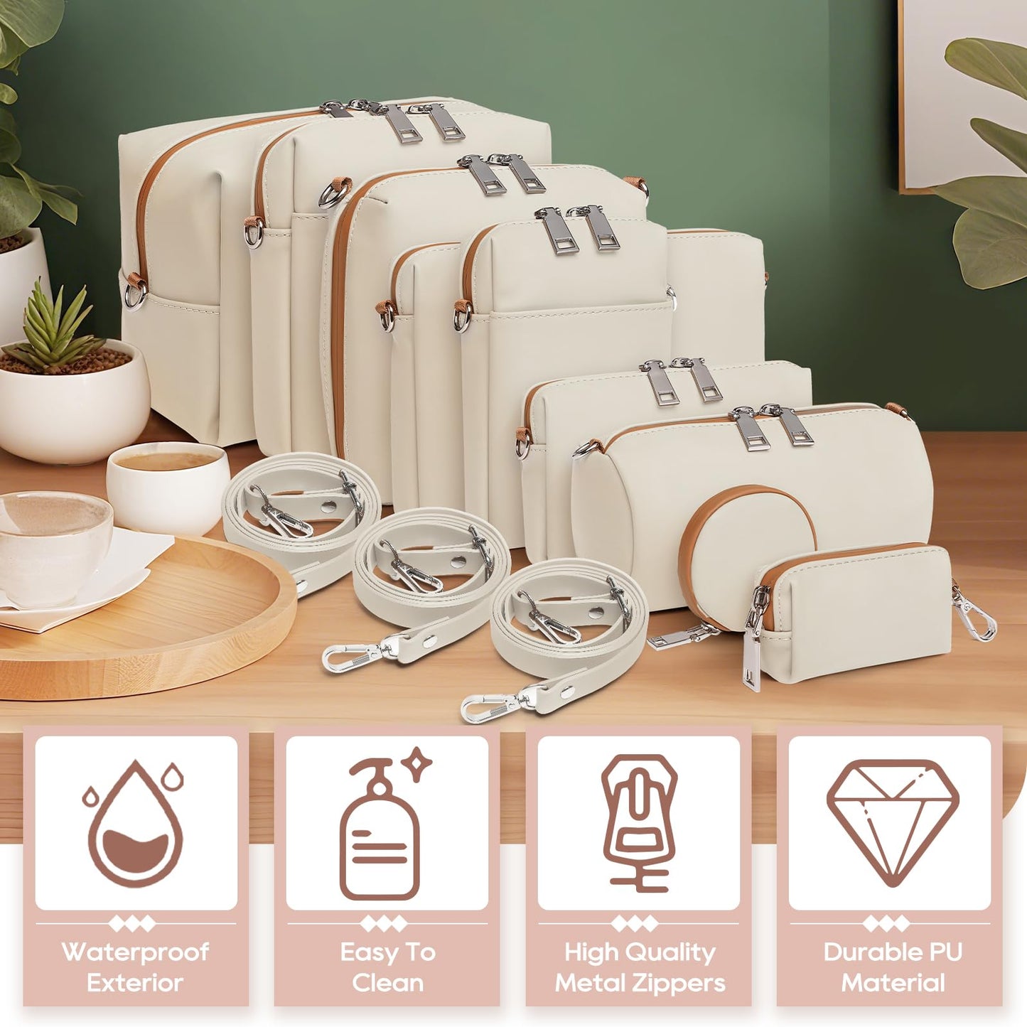 Joyway 10PCS Travel Makeup Bag Set, Large Capacity Cosmetic Bags for Women Girls, Waterproof Portable Toiletry Bag Organizer Make up Bag, Can be fitted with suspenders(White)