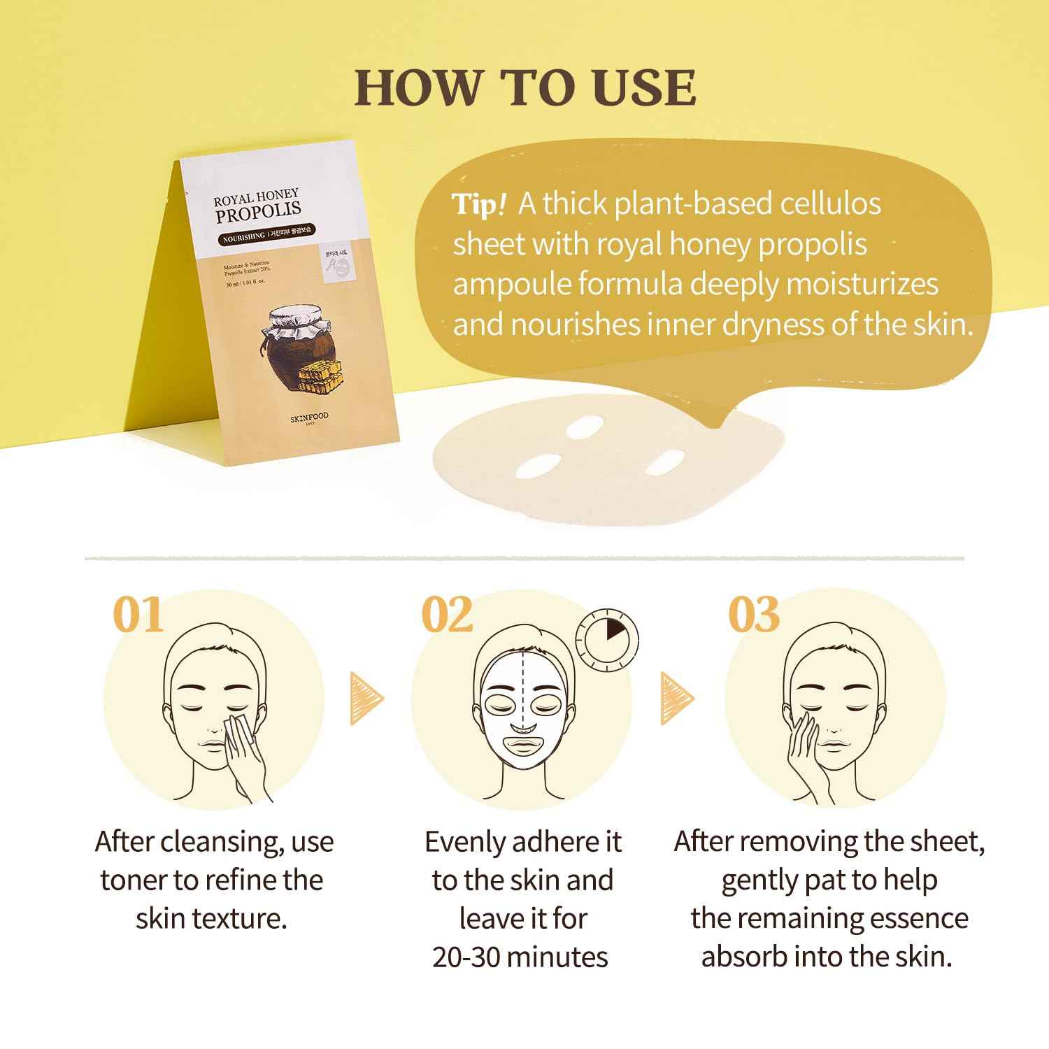 SKINFOOD Royal Honey Mask10ea Set - Bee Propolis Extract, Royal Honey Extract, Intensely nourishes and hydrates tired and dull skin 9.1fl.oz, 270ml