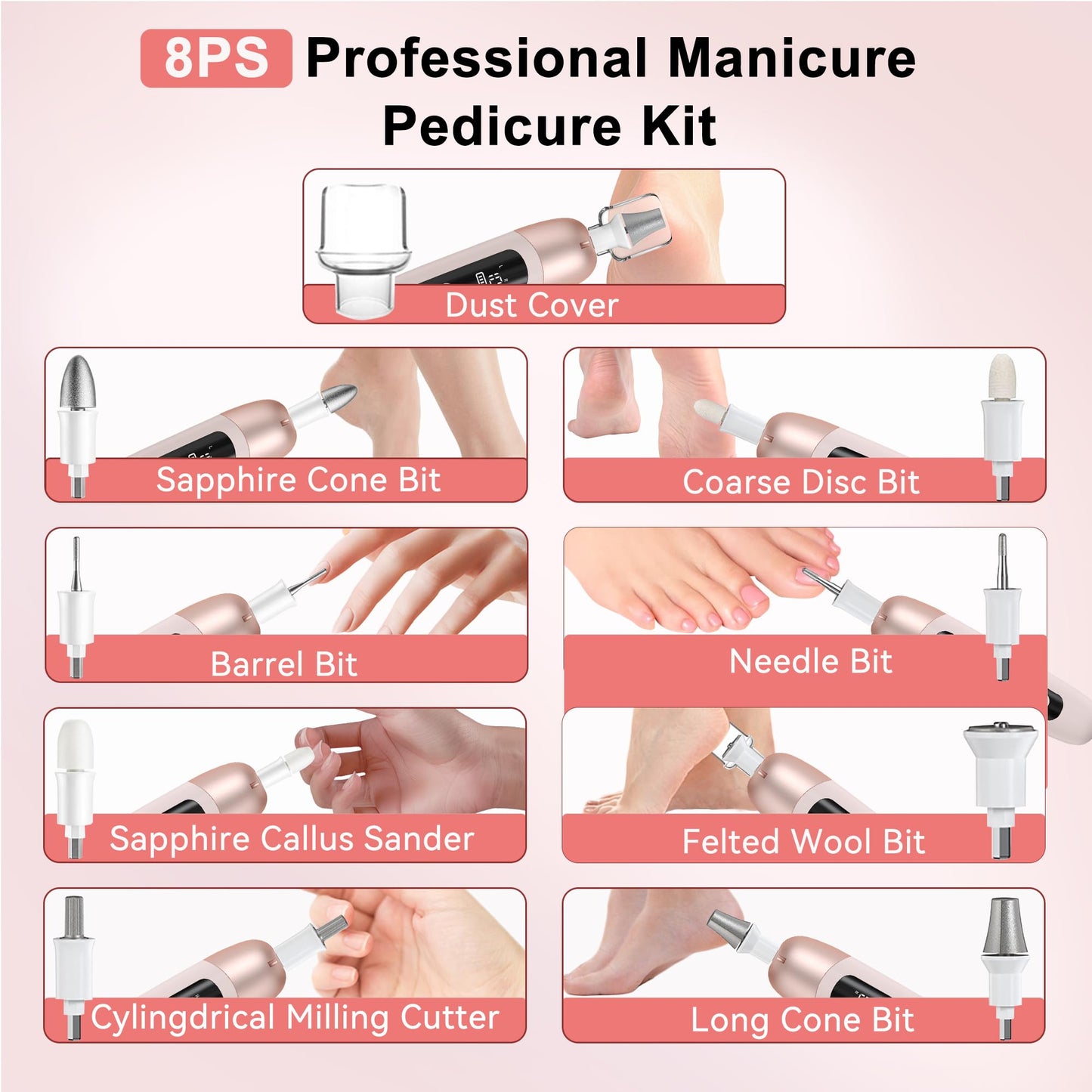 Atopskins Electric Nail Drill Cordless Nail File Professional Manicure Pedicure Kit, 9 in 1 Hand Foot Rechargeable Care Tool, 10 Speeds Electric Nail File Grinder for Thick Toenail Trim Polish Pink