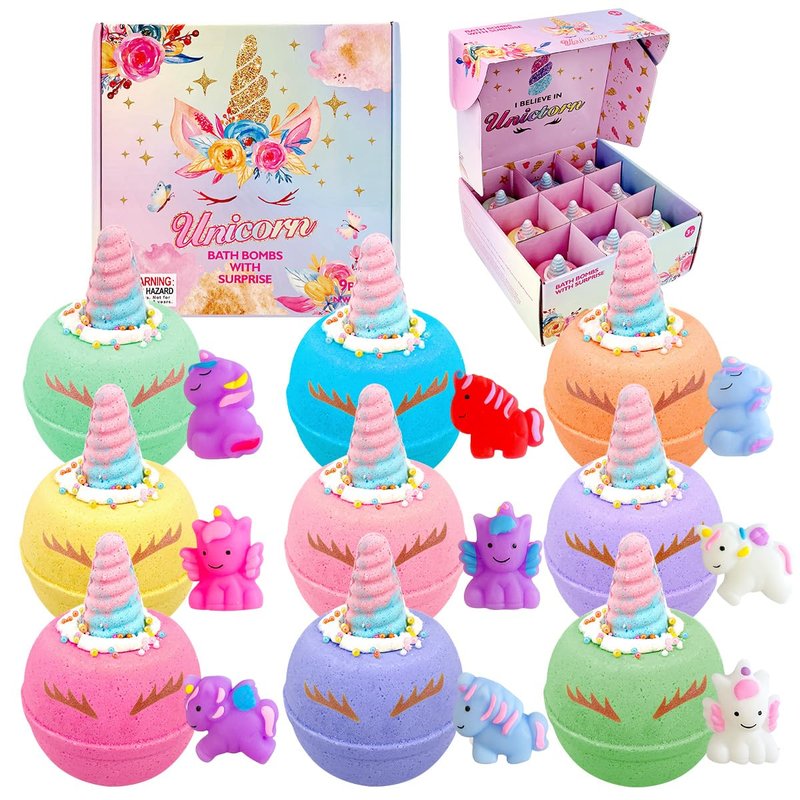 Clear&Fresh Unicorn Bath Bombs for Kids with Surprise Squishy Toys Inside, 9 Extra Large Bath Salts with Calming and Long Lasting Scent, Natural Bubble Bath Bombs for Girls Sensitive Skin