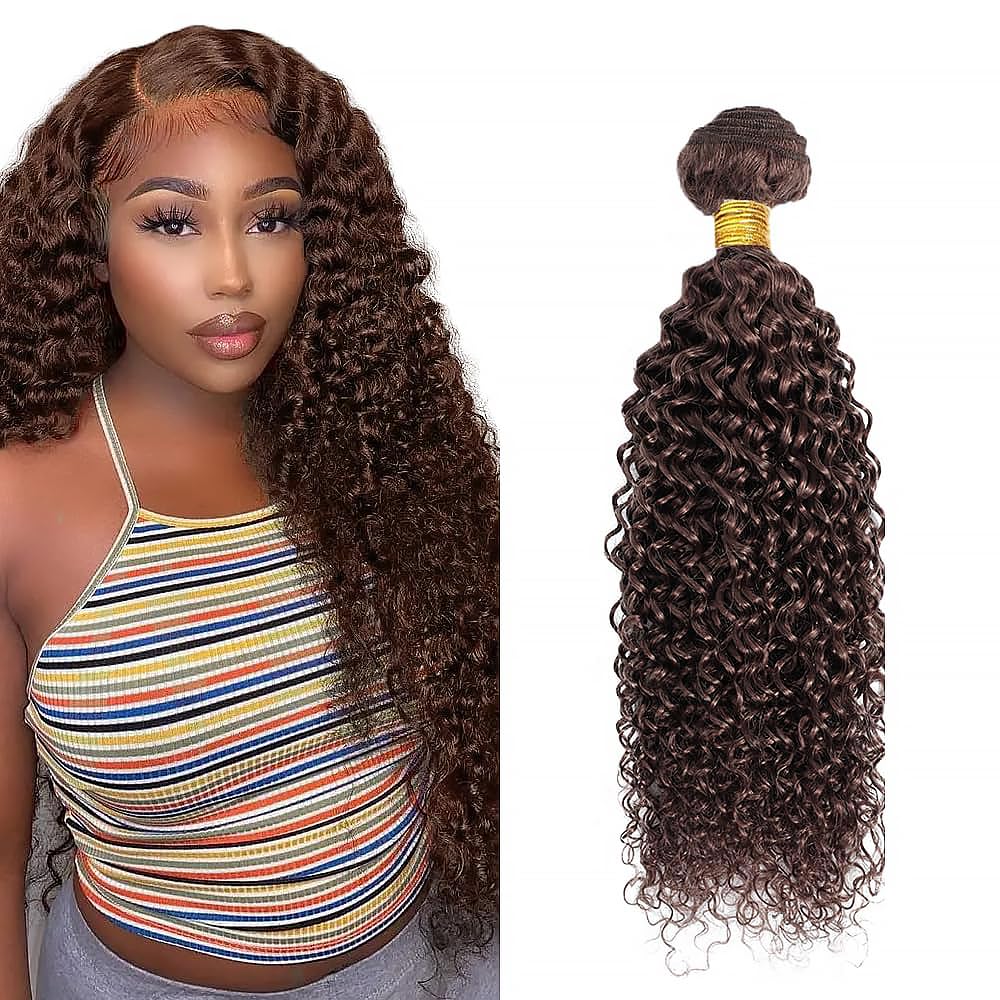 Human Hair Bundles 26 Inch Kinky Curly Wave Single Bundle #4 Chocolate Brown Human Hair Unprocessed Native Virgin Hair 100g Total 1 Extension Wet and Wavy Human Hair Extensions for Women