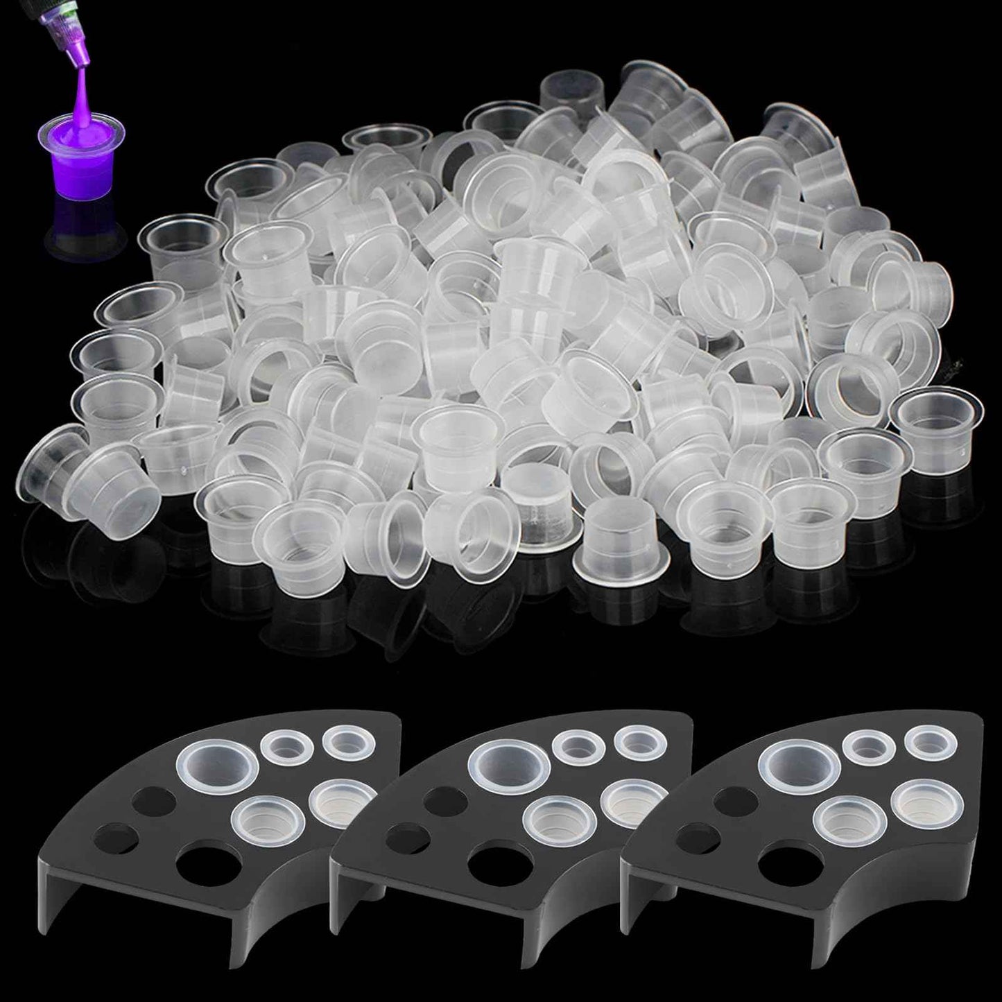 Tattoo Ink Caps with 3Pcs Tattoo Ink Cup Holders - Romlon Ink Caps Kit Include 1000pcs Disposable Large Ink Cups and 3pcs Ink Cap Holders Permanent Makeup Container Cap and Holder for Tattoo Supplies