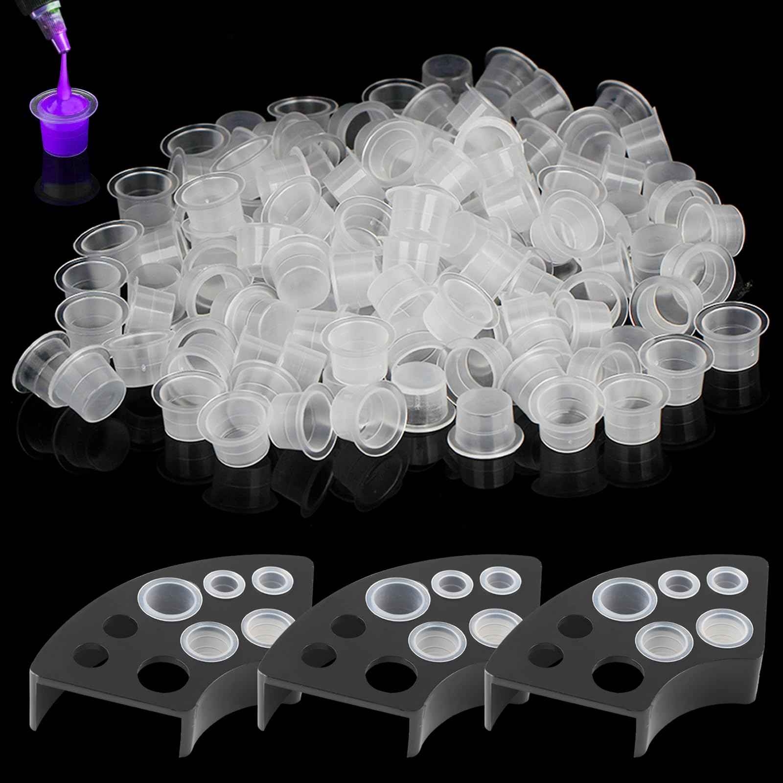 Tattoo Ink Caps with 3Pcs Tattoo Ink Cup Holders - Romlon Ink Caps Kit Include 1000pcs Disposable Large Ink Cups and 3pcs Ink Cap Holders Permanent Makeup Container Cap and Holder for Tattoo Supplies