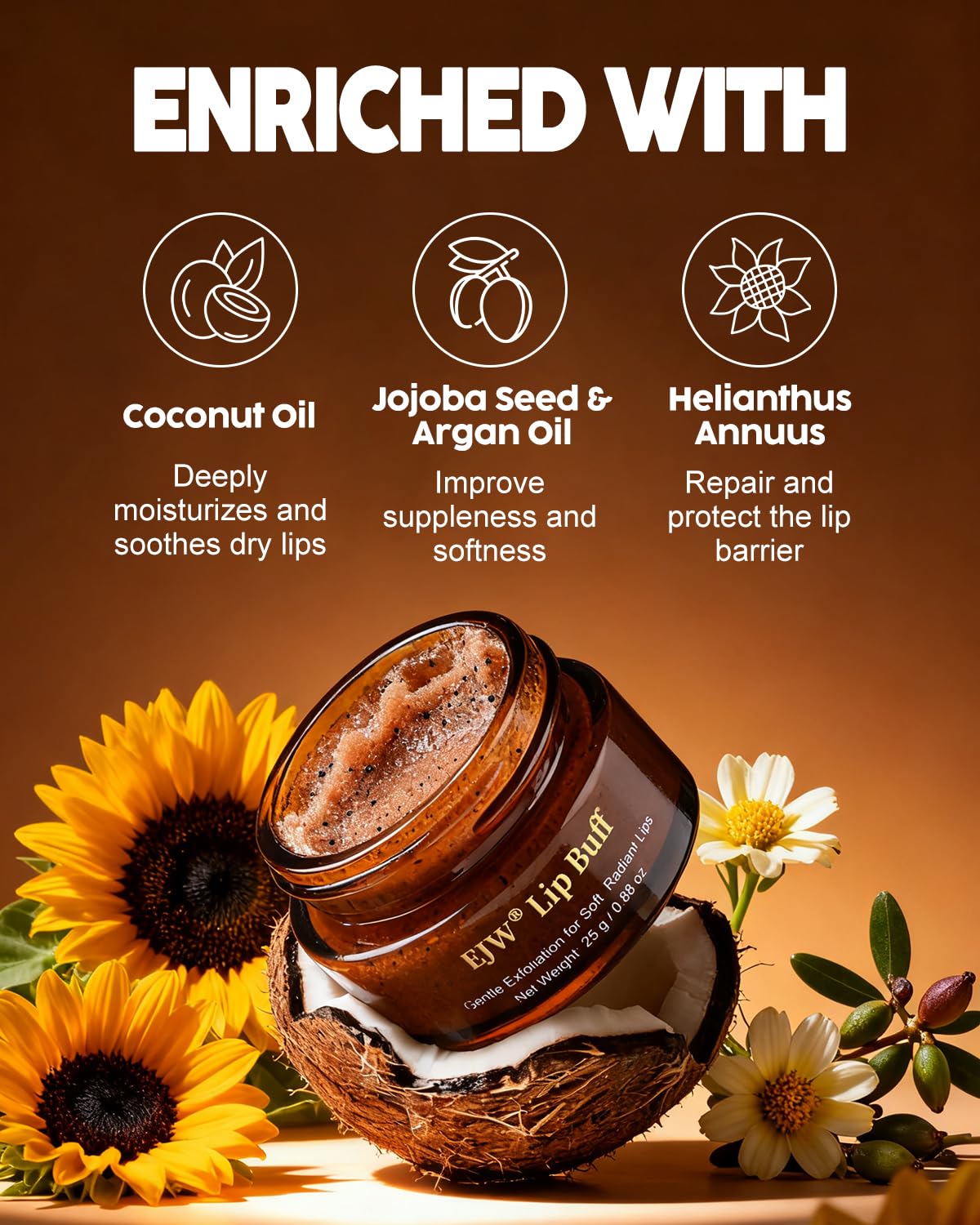 Triple-Action Lip Scrub - Brown Sugar, Coffee & Pearlite Exfoliator - Infused with Coconut & Botanical Oils for Nourishing Care of Dry, Cracked Lips - Vegan, Cruelty-Free