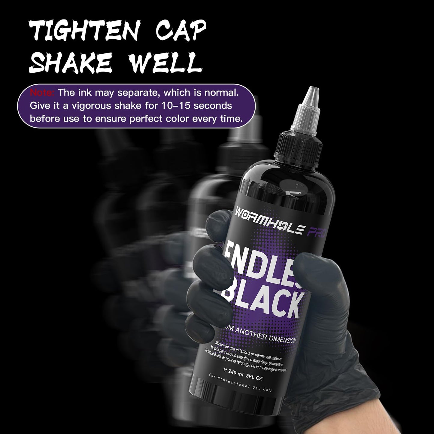 WORMHOLEPRO Black Tattoo Ink - Endless Black Ink, Long Lasting Vivid, Vegan Pigment for Old School, Tribal Tattoos (8 oz Bottle)