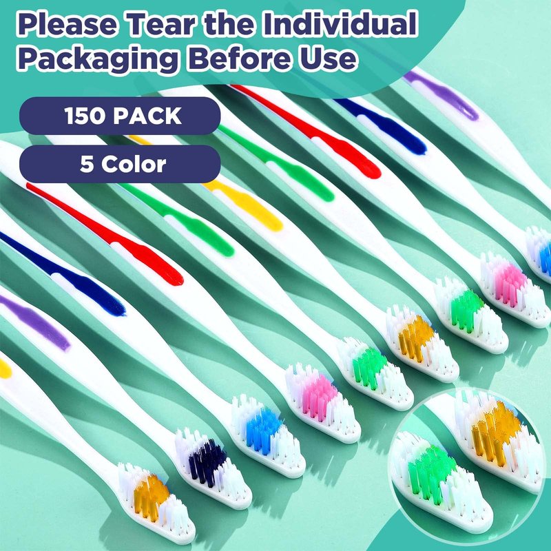 Chengu 150 Pack Individually Wrapped Bulk Toothbrush Disposable Travel Colorful Soft Bristle Ergonomics Handle Toothbrush for Travel, Hotel, Donation,Homeless