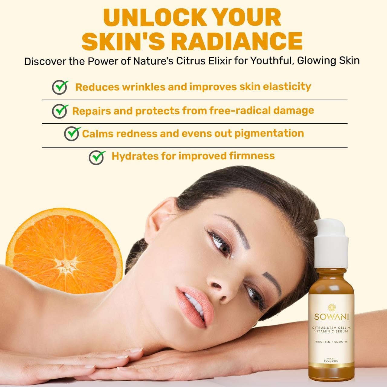 SOWANI Gentle Vitamin C Serum – Brightening & Hydrating with Citrus Stem Cells and Chamomile, Safe for Rosacea & Sensitive Skin, 1oz