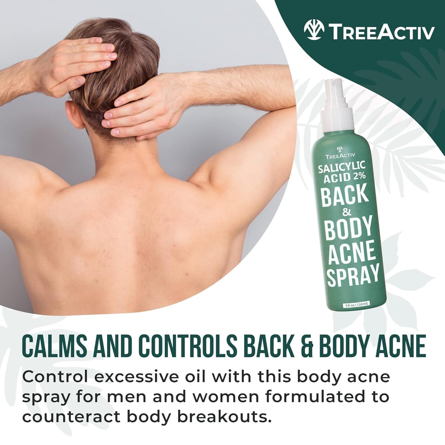 TreeActiv Salicylic Acid Back & Body Acne Spray, Fine Mist Back Spray for Bacne & Chest Acne, Tea Tree + Eucalyptus, Fast-Drying Non-Staining, 4 fl oz (2-Pack, 8 fl oz Total)