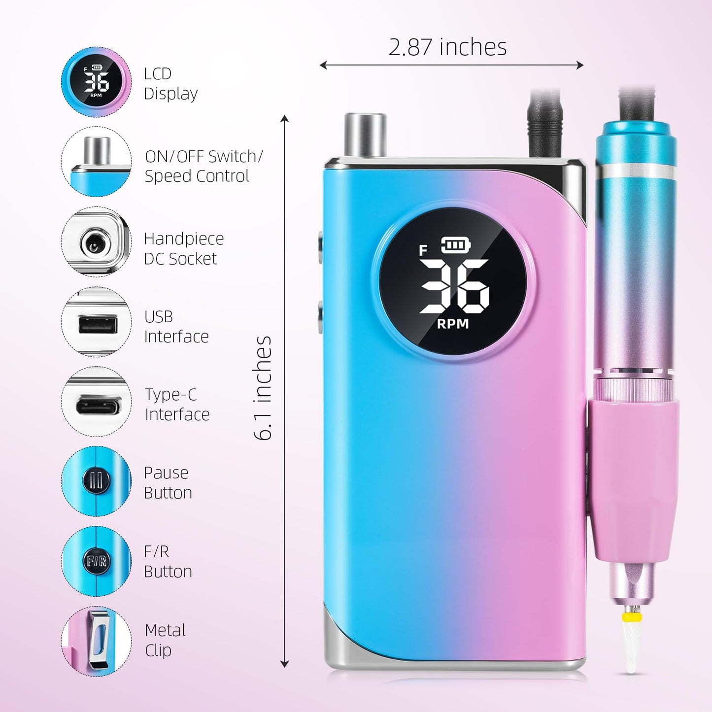 Electric Nail Drill Professional:40000RPM Electric Nail Drill Machine,Rechargeable Nail Efile for Acrylic Gel Nails, Manicure Pedicure Polishing Shape Tools for Salon Home Use