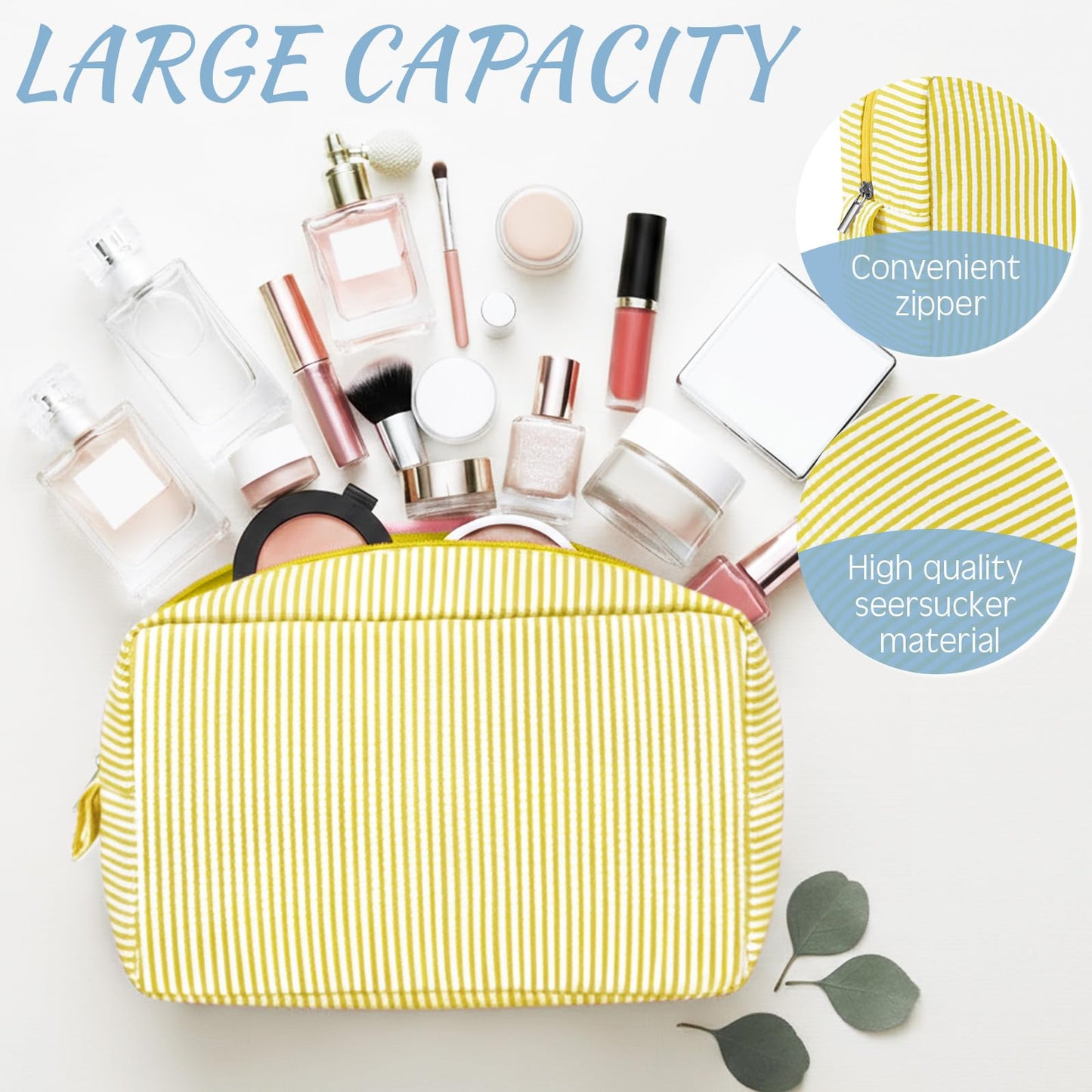 Sanwuta 3 Pcs Seersucker Makeup Bags Seersucker Cosmetic Bags Striped Women Large Travel Toiletry Organizer Preppy Storage Pouch for Embroidery Wedding Bridesmaid Gifts(Yellow, Green, Lake Blue)