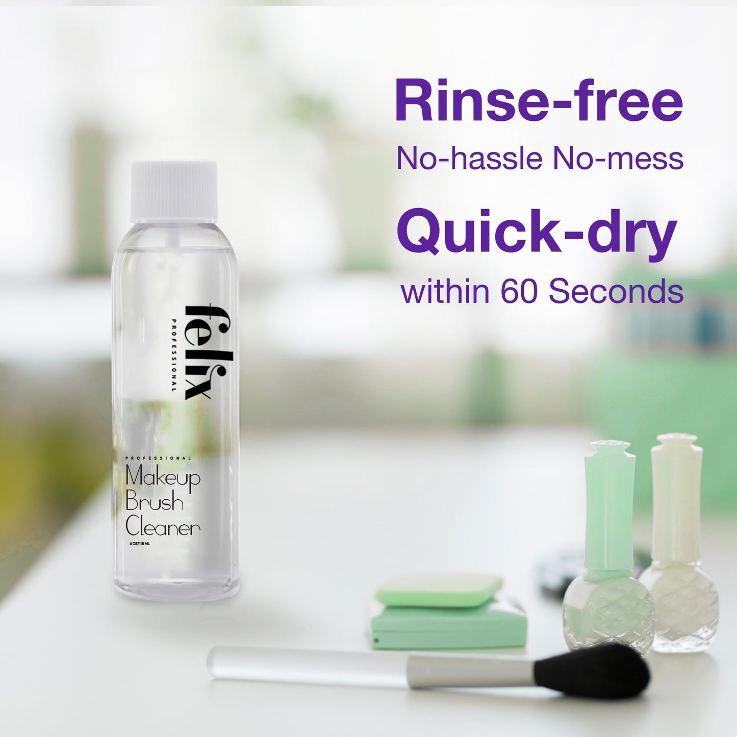 Felix Professional Liquid Makeup Brush Cleaner Solution | Rinsless, Quick Drying, Hydrating, Fragrance Free | for Natural and Synthetic Make-up Brushes (4 Fl oz)