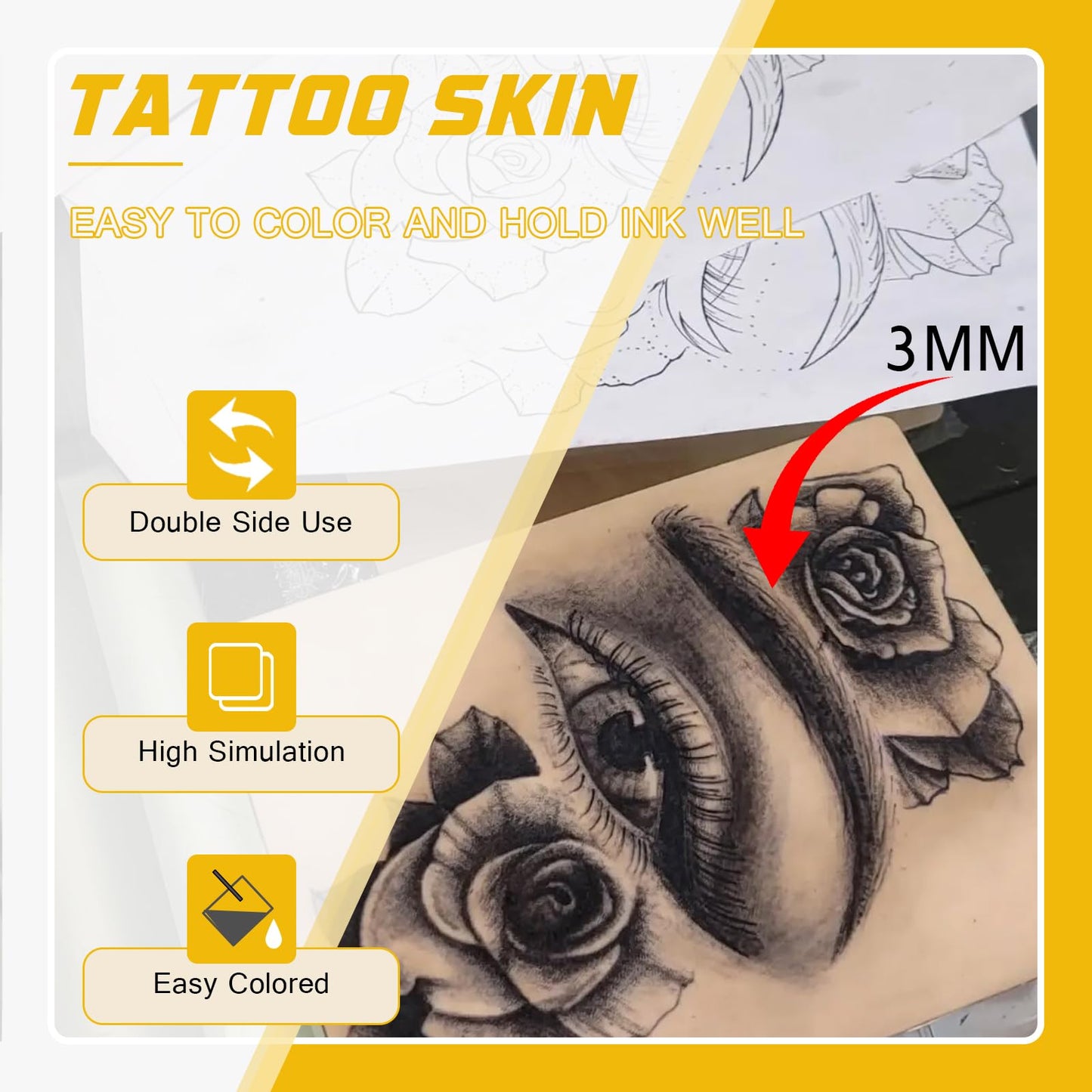 Narkysus 3MM Fake Skin with Transfer Paper, 30Pcs Tattoo Skin Practice Kit Including 10pcs 3mm Skin and 20pcs Stencil Paper for Beginners