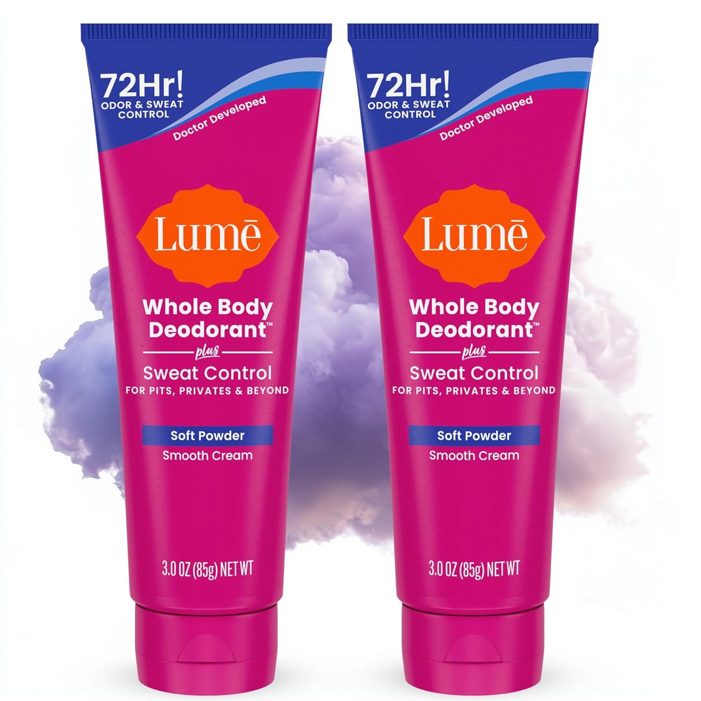 Lume Whole Body Deodorant - 72-Hour Odor & Sweat Control Cream | Baking Soda Free, 3 oz (Pack of 2)