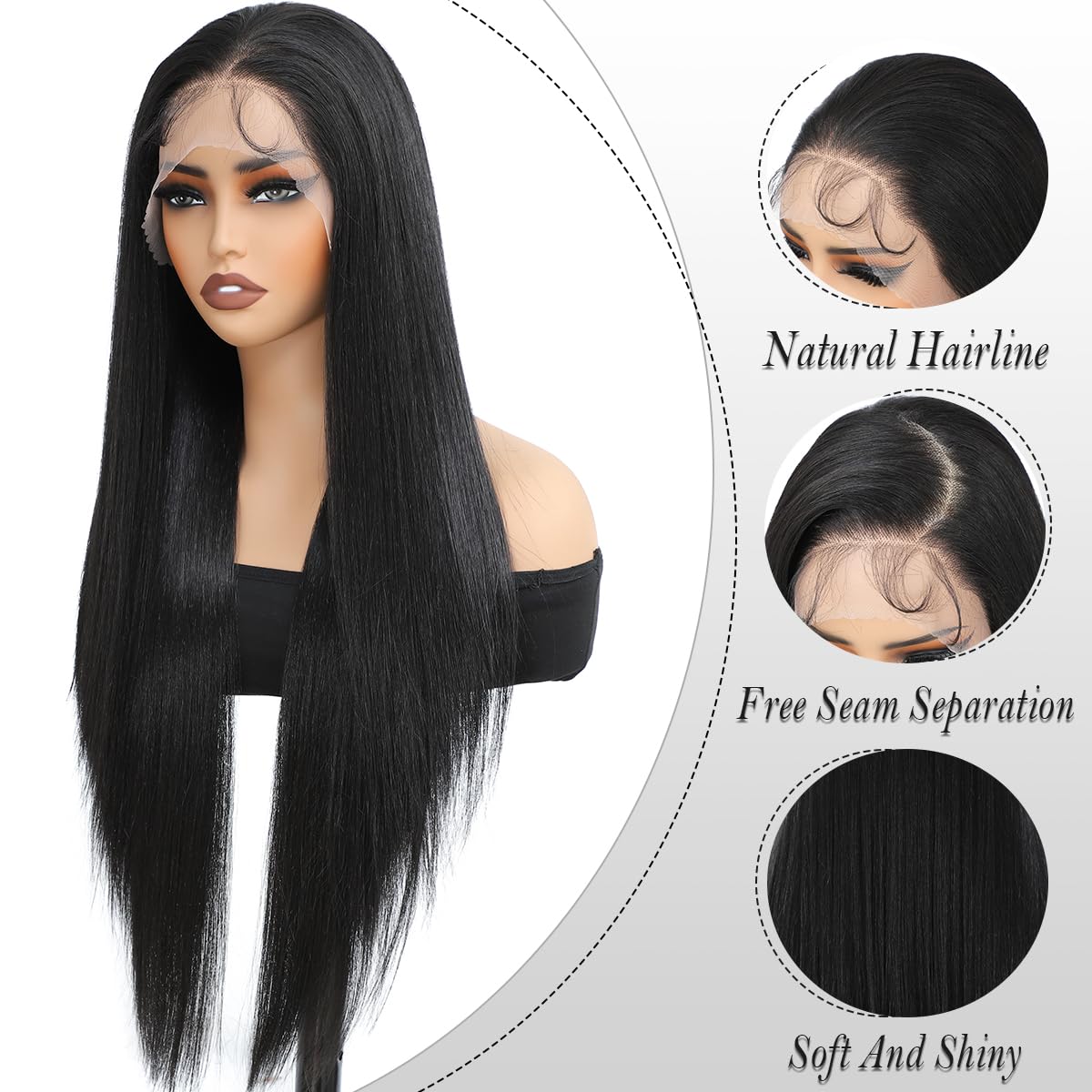 XCHJH 13x4 HD Lace Front Wig 30 Inch, Long Straight Black Synthetic Hair for Women, Glueless Pre Plucked with Baby Hair, Heat Resistant Fiber Wig for Daily Wear