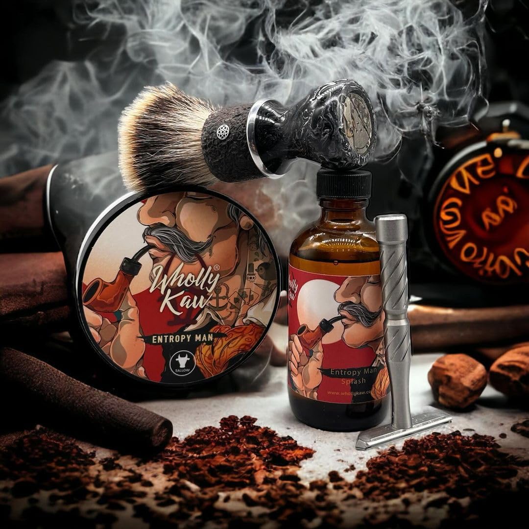 Entropy Man Tallow Shaving Soap. Enriched with Donkey Milk, Water Buffalo Milk, Whey Proteins, Omega 3, Omega 6, Hops Extract. Tobacco, Leather, Plum, Rum, Hay