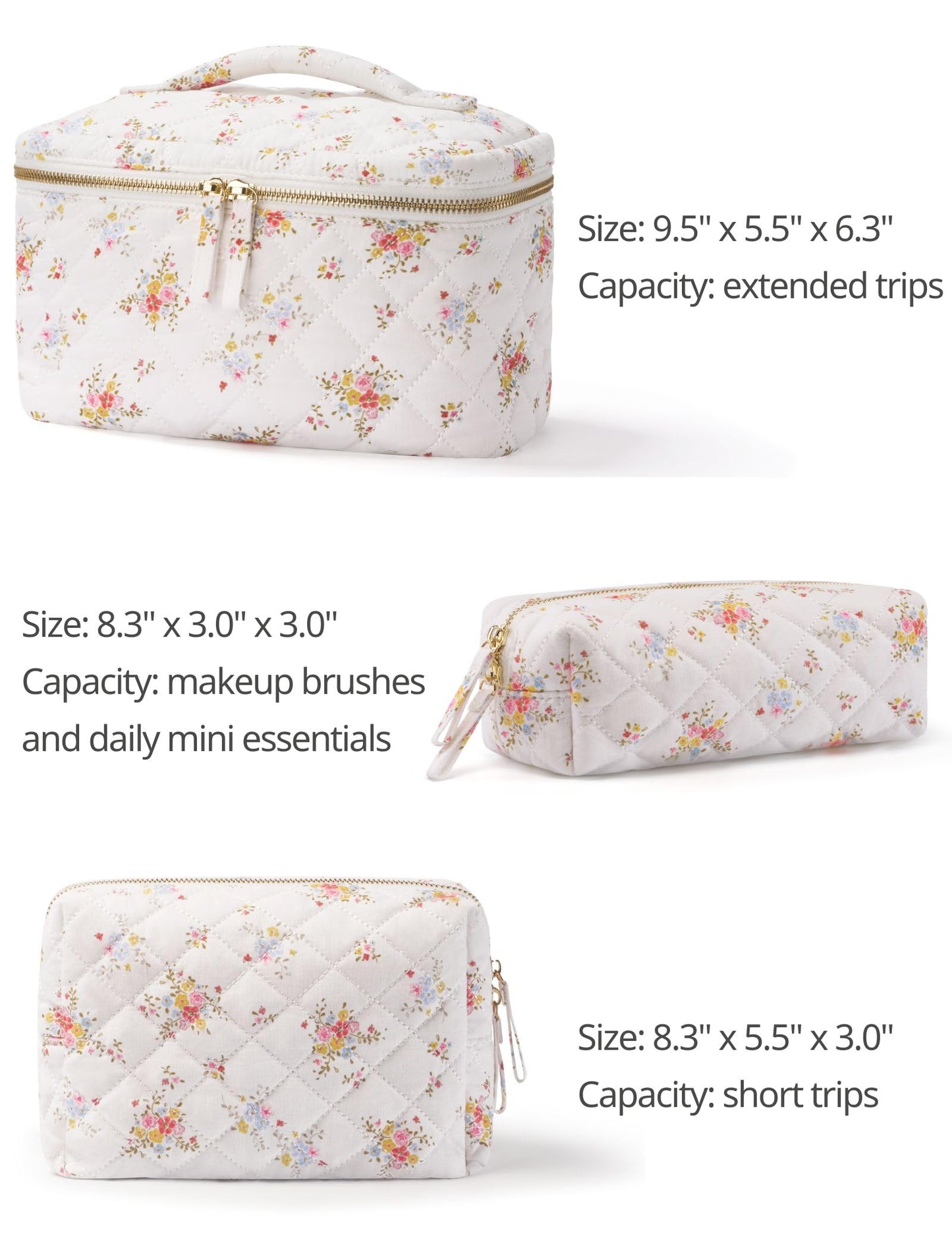 Popvibe Floral Quilted Makeup Bag Set of 3 Piece, Cute Travel Makeup Bags Coquette White Flower Cosmetic Pouch, Aesthetic Cotton Quilt Cloth Toiletry Traveling Bag for Women, Girls