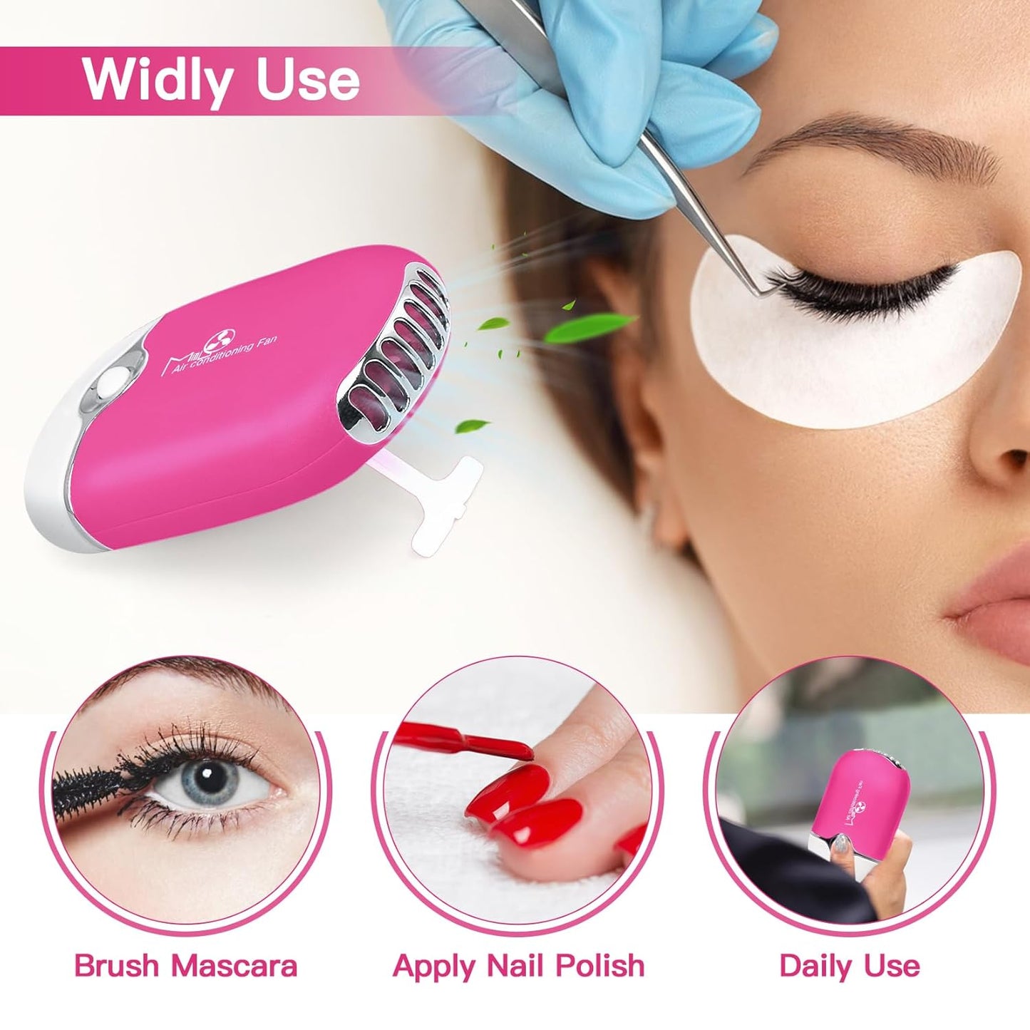 Lash Fan Mini Portable Eyelash Fan Handheld for Eyelash Extension Rechargeable USB C Air Cooling Blower with Built in Sponge Lash Extension Application(Pink)