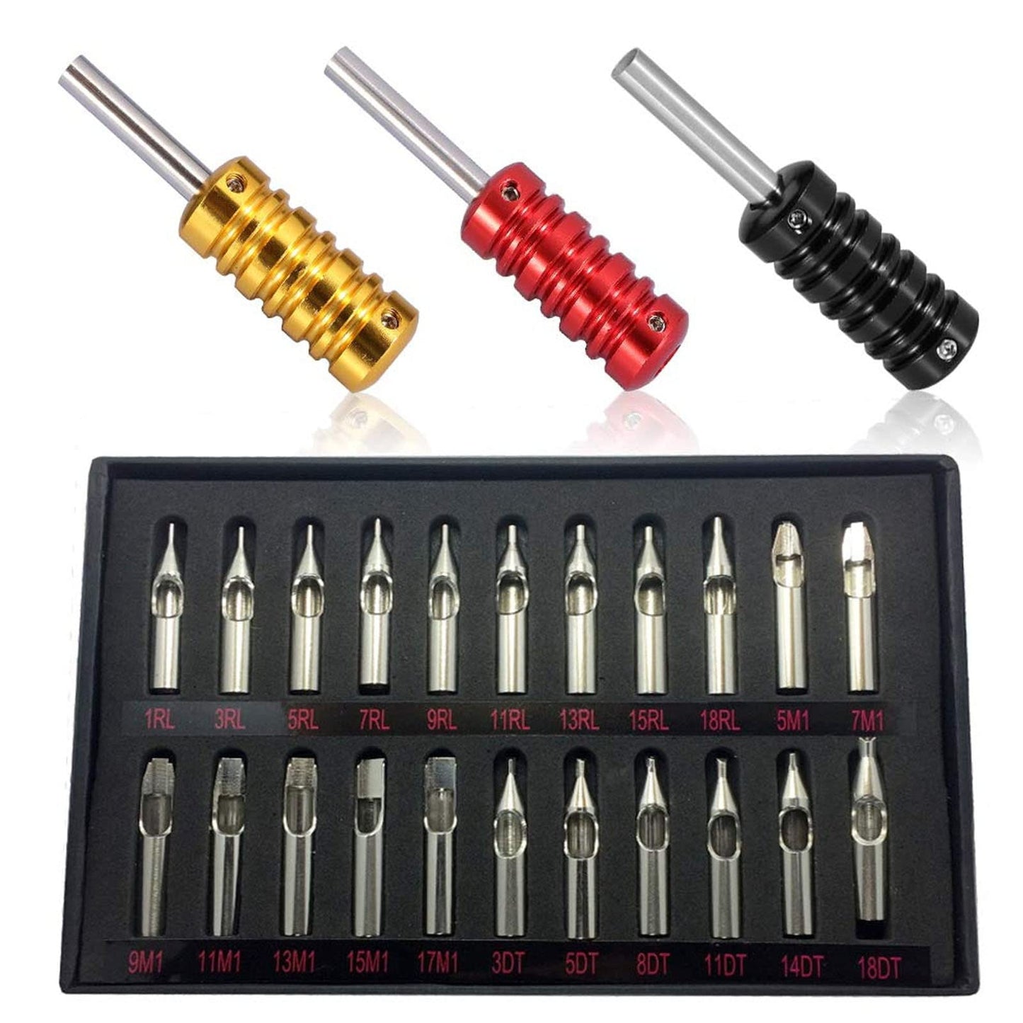 SOTICA Traditional Tattoo Tips and Grips - 3 Pcs Aluminum Grips & 22 Pcs Stainless Steel Tips (Round, Diamond, Magnum, RT, DT, FT Nozzle)