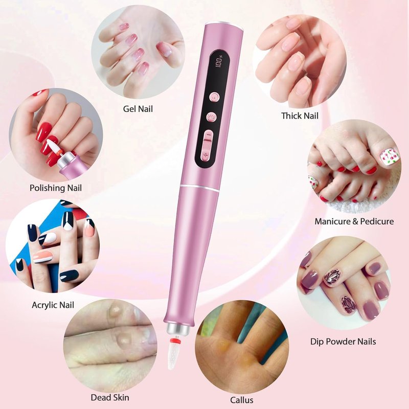 Electric Nail File - 12-in-1 Cordless Nail Drill with Digital Display & 5-Speed Settings | USB Portable Efile, 20000 RPM