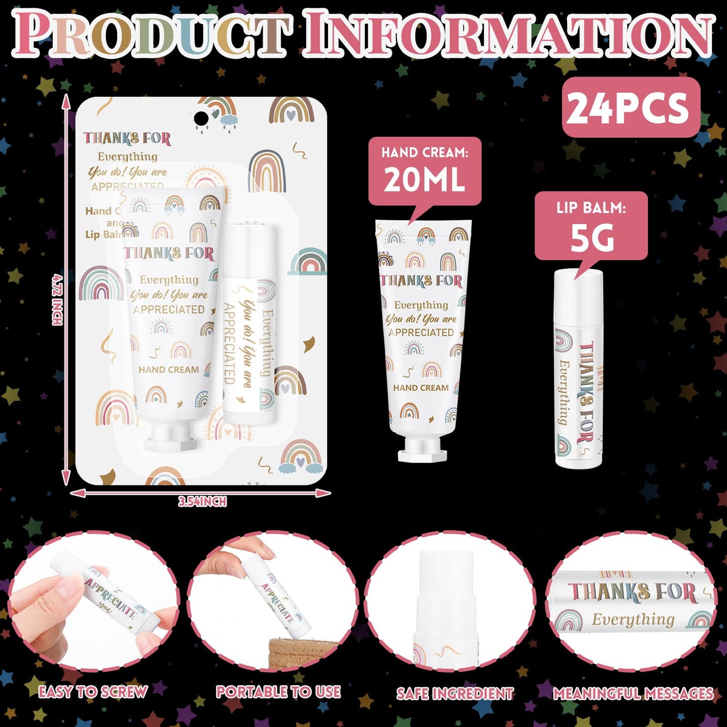 Loopeer 24 Set/ 48 Pcs End of Year Teacher Employee Appreciation Gift Bulk Boho Rainbow Lip Balm Hand Cream Lotion Set Small Staff Team Thank You Gifts Party Favors for Women Employee Coworker