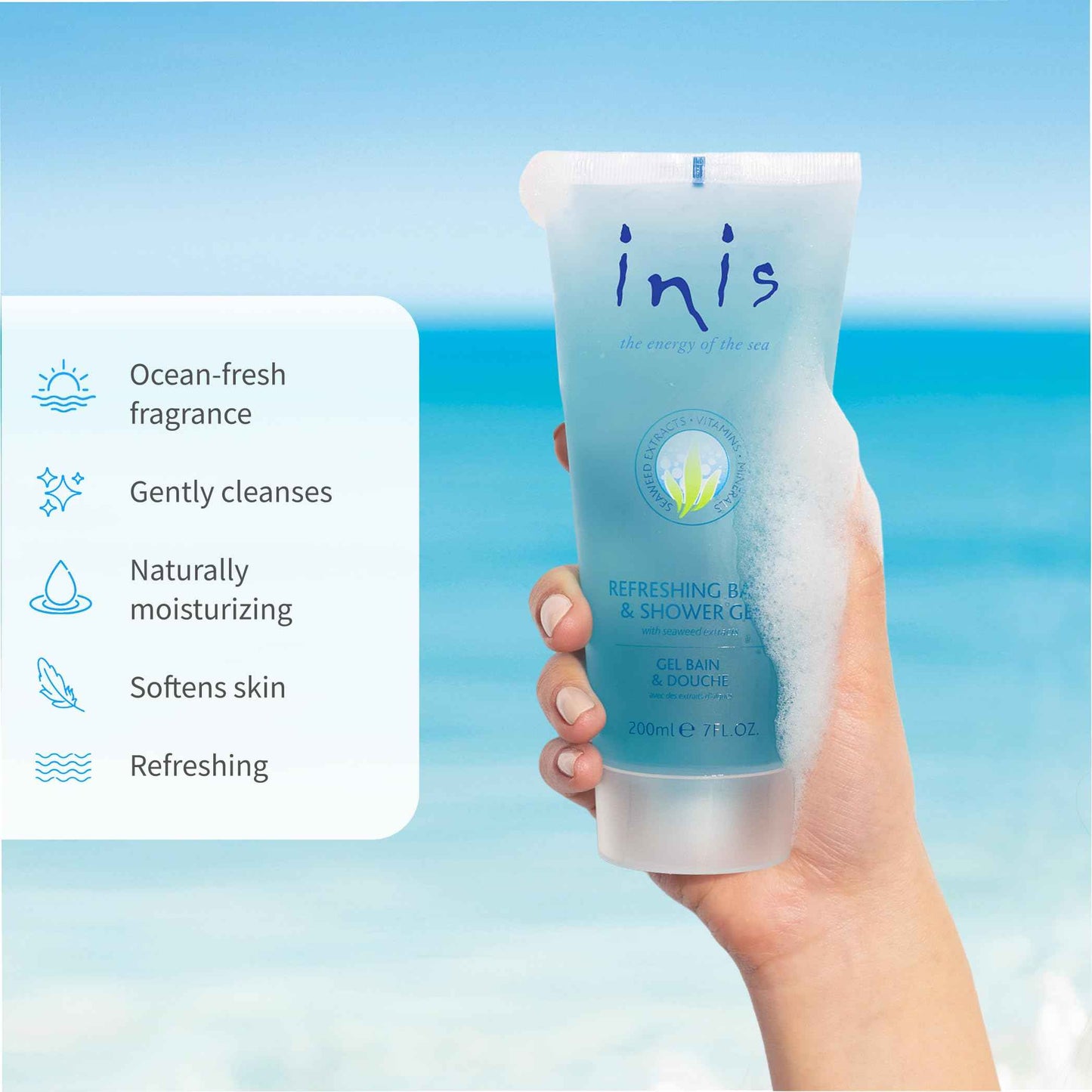 Inis the Energy of the Sea Refreshing Bath and Shower Gel - Sulfate Free Body Wash for Women and Men - Ocean Fresh Fragrance - 7 Fluid Ounce