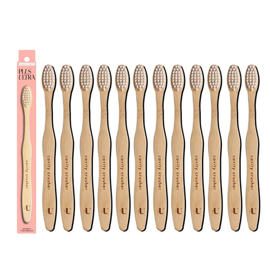 Kids Biodegradable and Eco-Friendly Bamboo Toothbrush 12-Pack - BPA Free Soft Bristle - Dentist-Approved and All-Natural with "Brush Smile Repeat" Etched on Handles by Plus Ultra