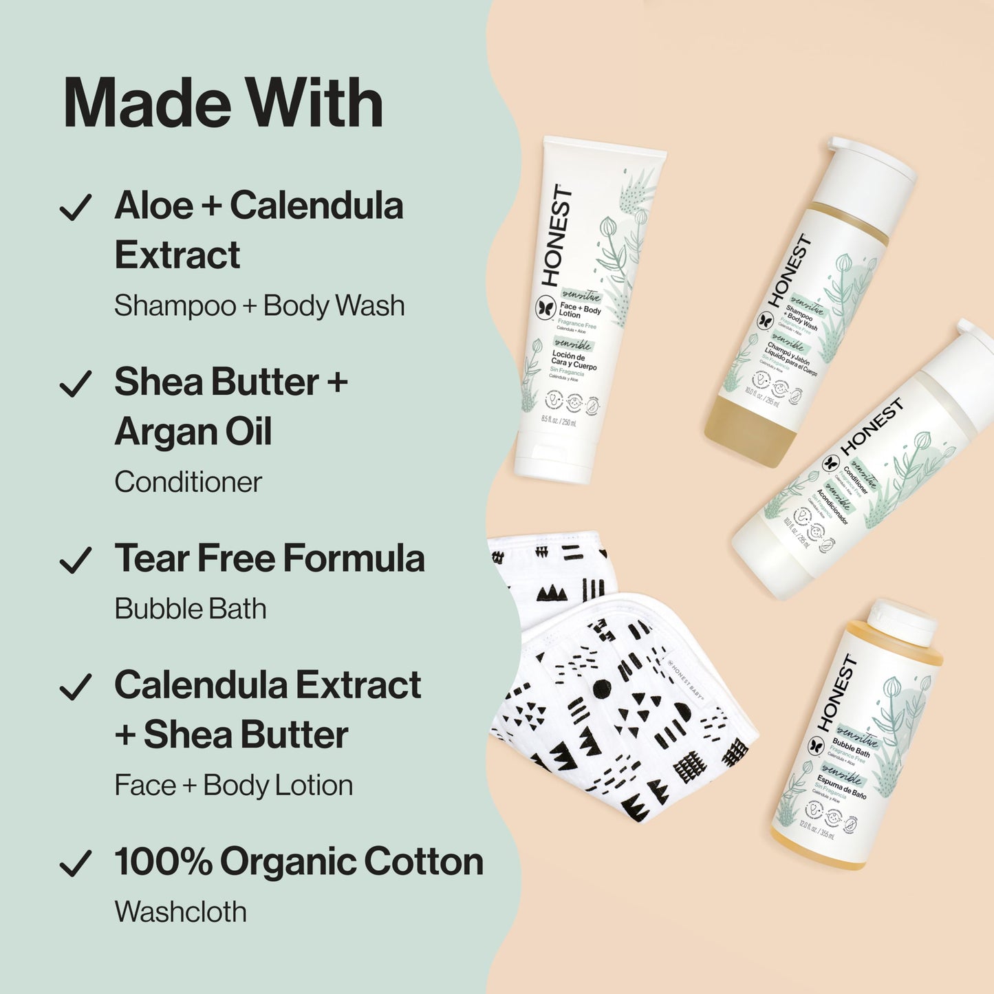 The Honest Company Fragrance-Free Bathtime Gift Set, Hypoallergenic, Bath Essentials for Sensitive Skin, Shampoo and Body Wash, Face Lotion, Bubble Bath, Conditioner, Wash Cloth