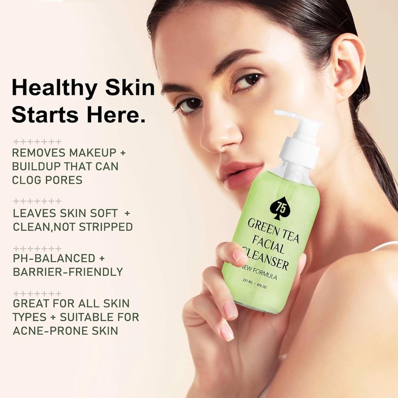 Green Tea Face Wash - Hydrating Facial Cleanser with Vitamins A, C, E & Kale Extract | Vegan, pH-Friendly, 237ML/8 oz