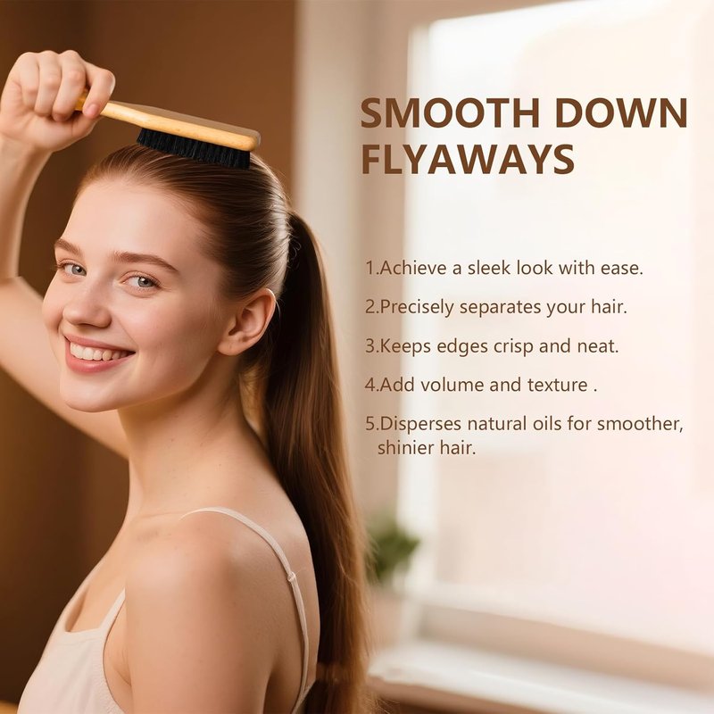 Boar Bristle Hair Brush - Smooth Flyaways & Frizz Control | Ideal for Sleek Ponytails, Buns & Edges