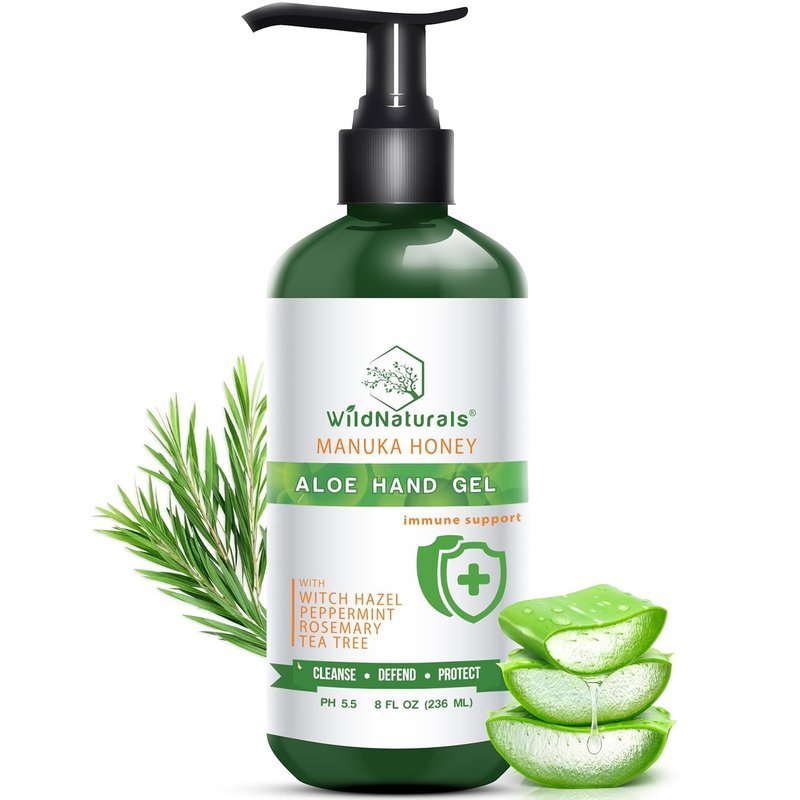 Wild Naturals Aloe Vera Gel Hand Cleaner - Organic Waterless Wash with Manuka Honey & Essential Oils | 8 oz