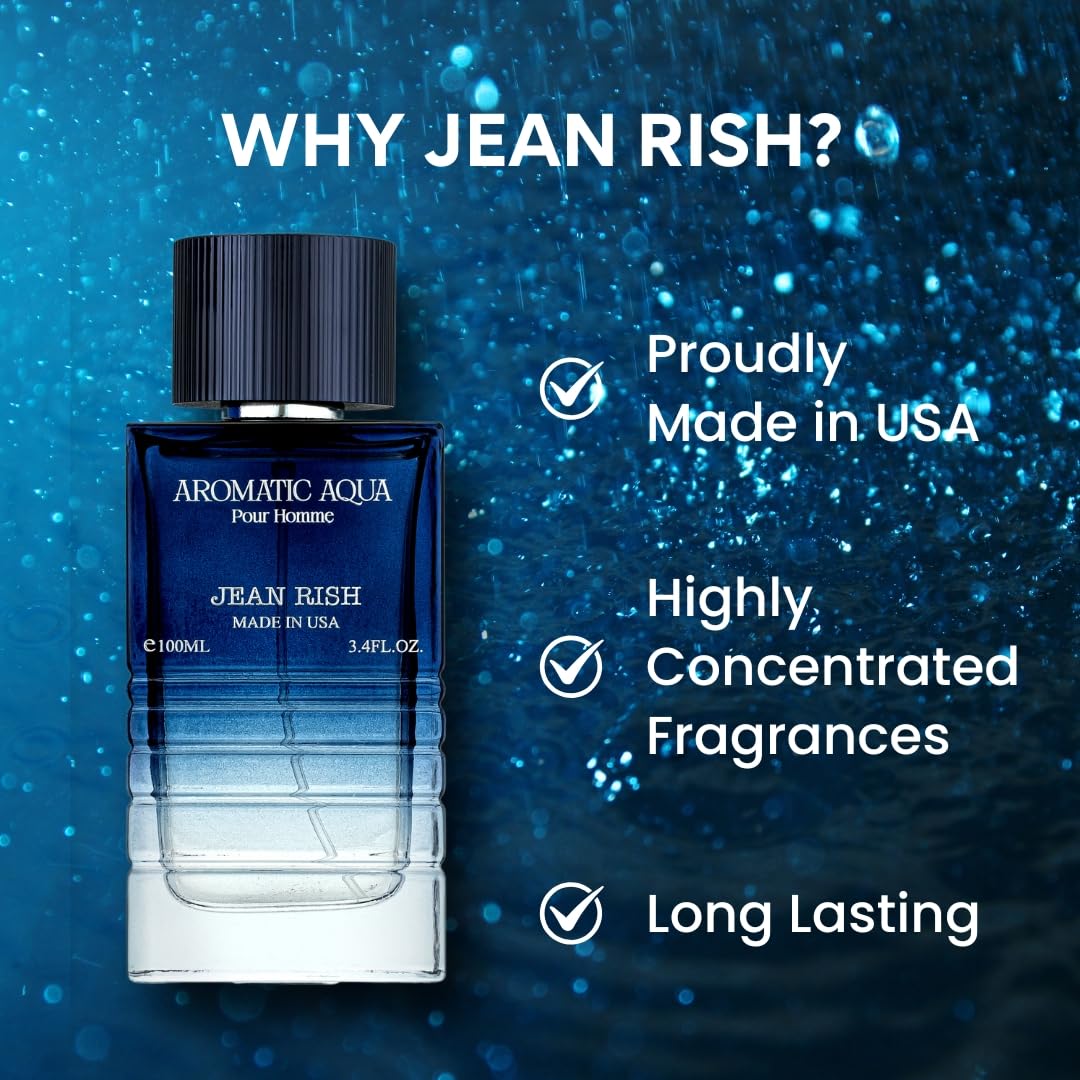 Jean Rish Aromatic Aqua Perfume for Men Eau De Parfum, Long-Lasting Luxury Fragrance, Made In USA - Lemon, Mint, Ginger, Jasmine, Sandalwood Scent - 100ml / 3.4 oz