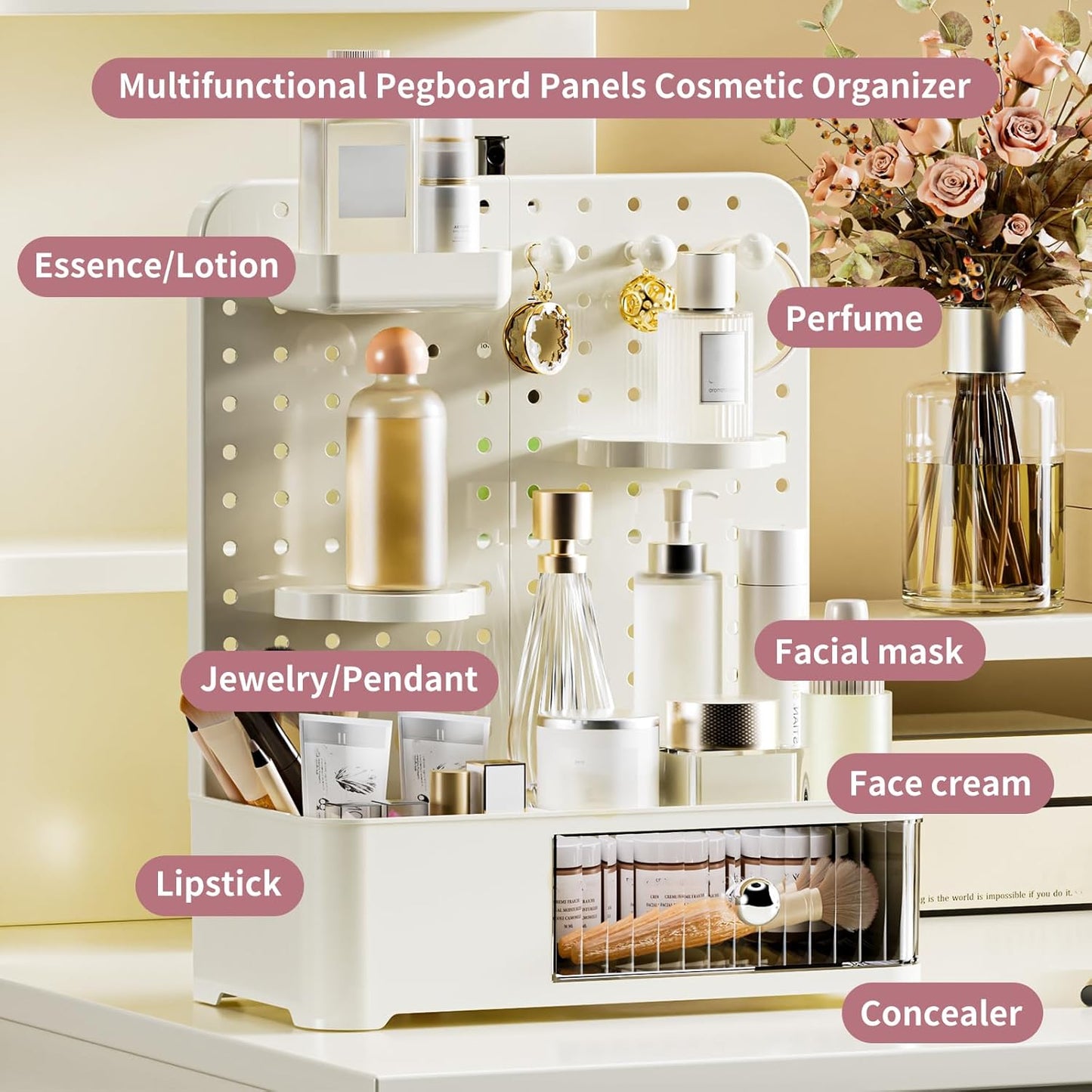 Makeup Organizer - Aesthetic Cosmetic Storage Rack with Adjustable Shelves & Drawer | Cream White