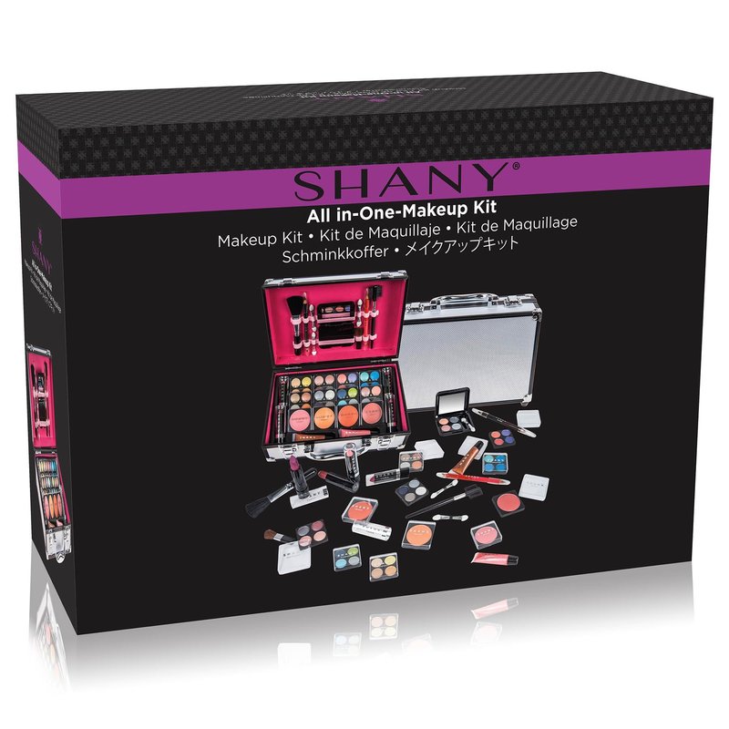 SHANY Carry All Make up Train Case with Pro Makeup Set, Beauty Brushes, Lipsticks, Eye Shadows, Blushes, Powders, and more - Reusable Cosmetics Storage Organizer - Premium Gift Packaging - Silver