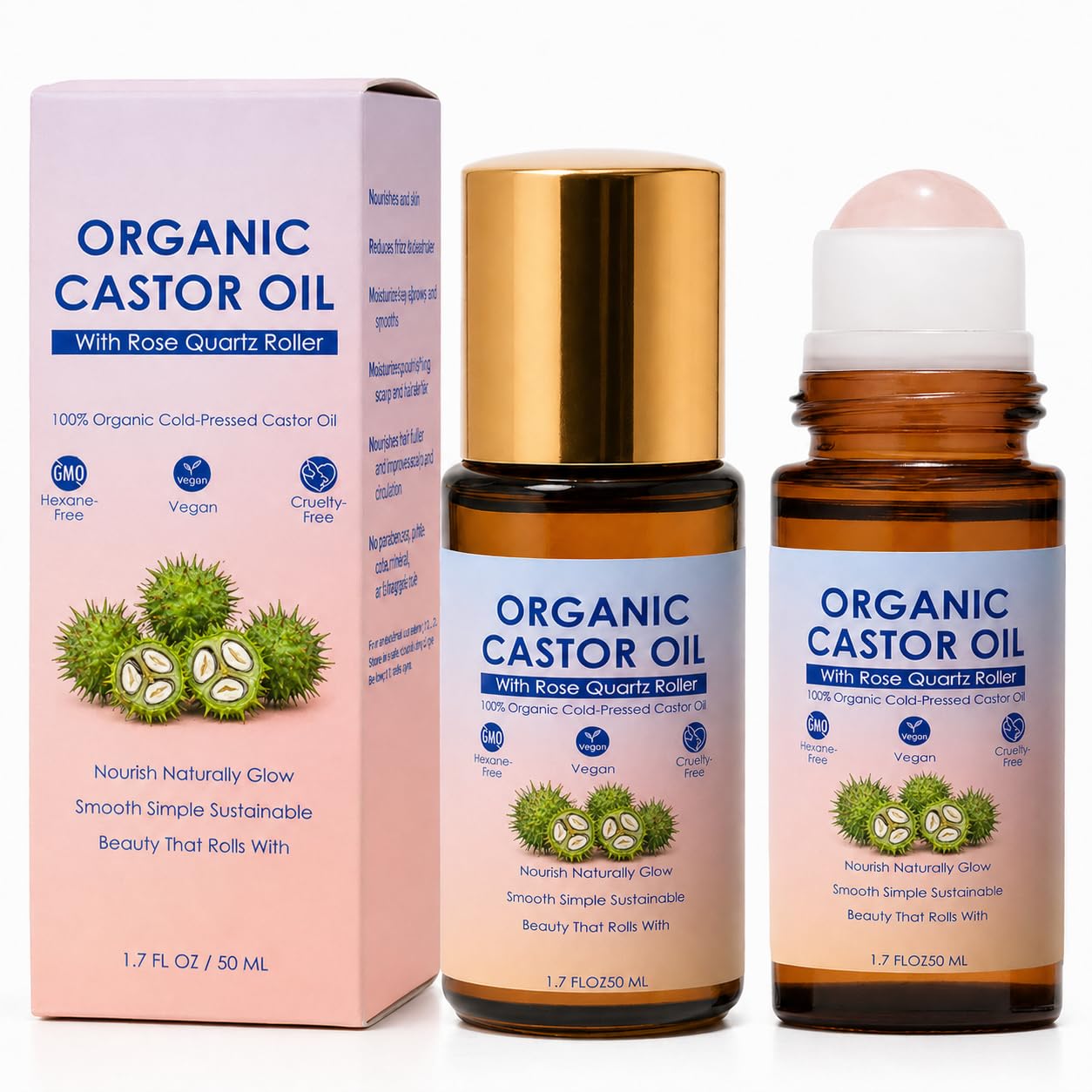 SDXJIOGE Organic Castor Oil with Rose Quartz Roller, 100% Pure Cold-Pressed, Organic Castor Oil Roll On Rose Quartz, Hexane-Free,Amber Glass Bottle for Skin 1.7oz (2)
