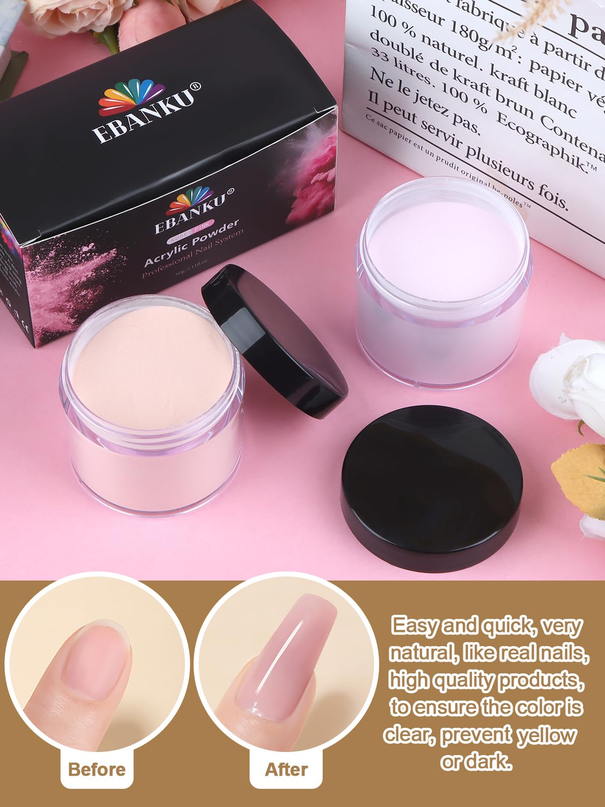 EBANKU Nude Pink Acrylic Powder, 2 * 60g/2.1oz Acrylic Powder Large Capacity Professional Acrylic Nail Powder for Nail Acrylic Extension, Nail Carving, Long-Lasting, No Nail Lamp Needed