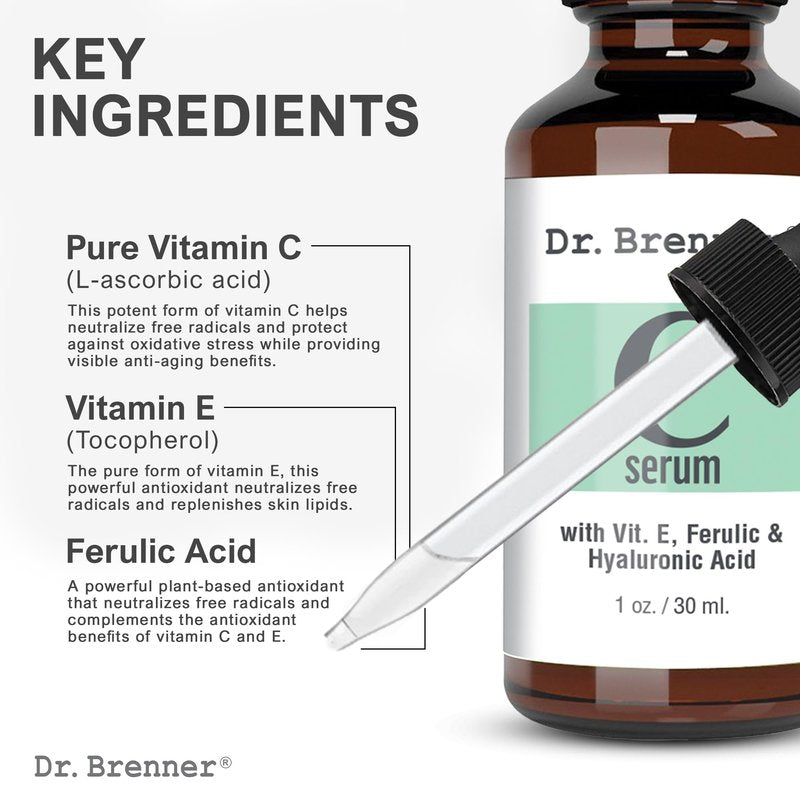 Dr. Brenner Vitamin C Serum for Face with 20 L-ascorbic Acid, Ferulic Acid, Vitamin E and Hyaluronic Acid