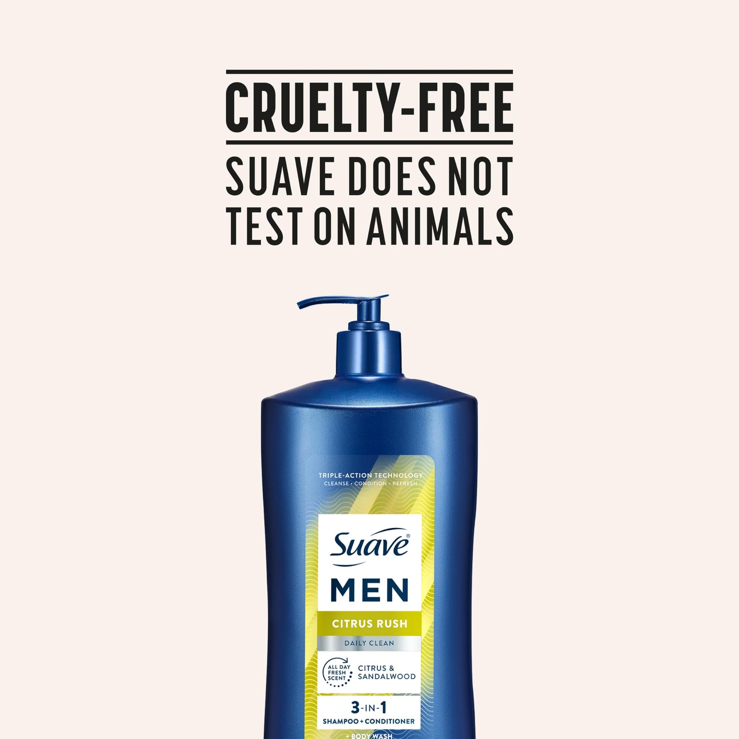 Suave Men Citrus Rush Daily Clean 3 in 1 Shampoo, Conditioner & Body Wash for Men with Glycerin & Keratin Hydrates & Smooths Hair, Citrus Scent, 4 Count, 40 fl oz Pump