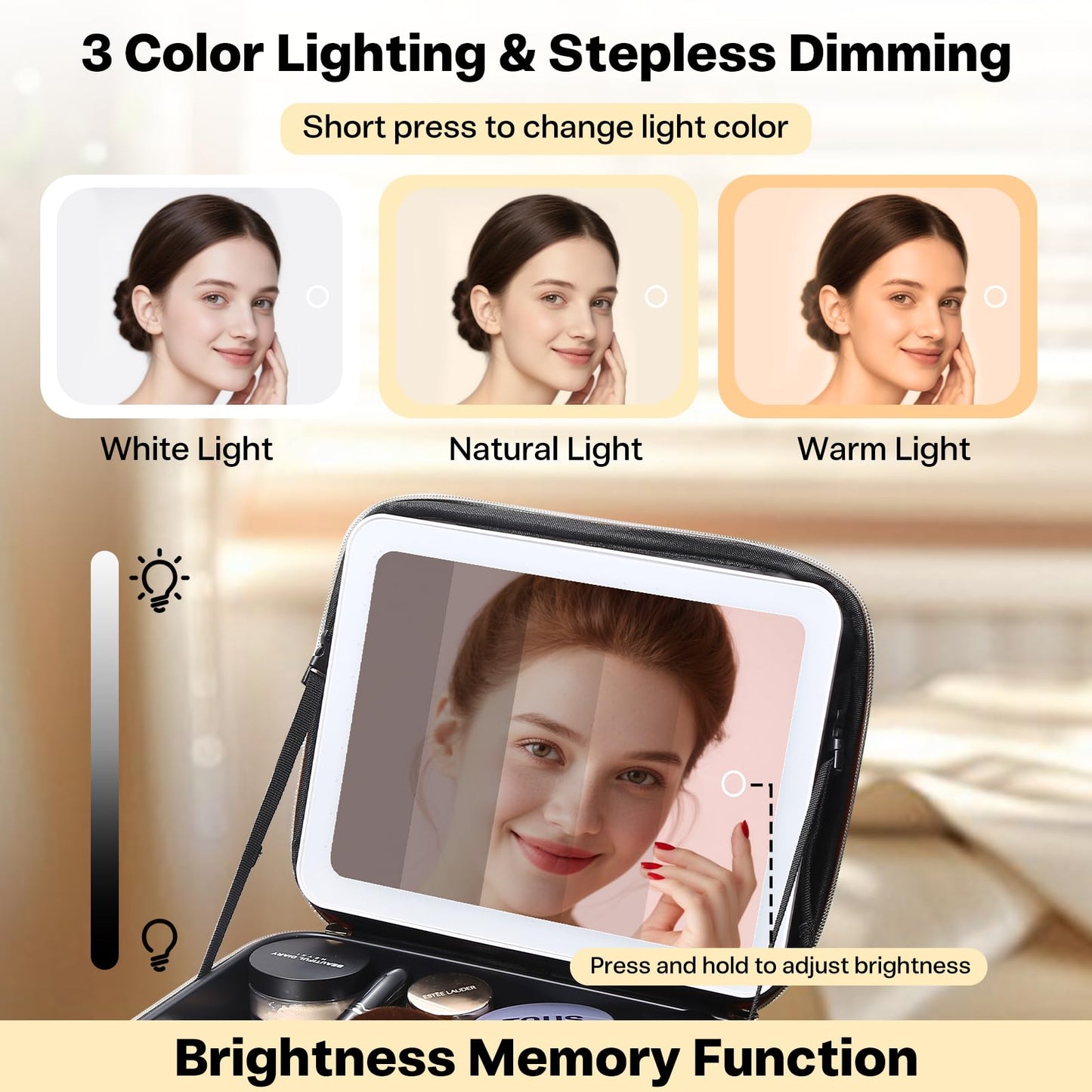 Travel Makeup Bag with LED Mirror, Large 12 Inch Cosmetic Train Case with Jewelry Organizer, 10X Magnifying Mirror, Adjustable Dividers for Cosmetics Makeup Brushes Toiletry, Includes 6 Velvet Pouches
