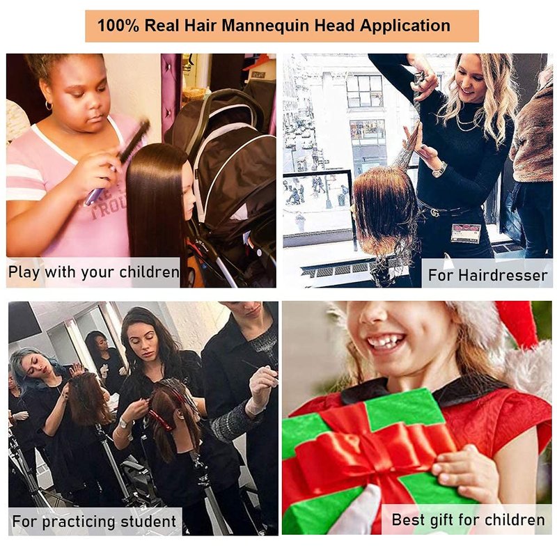 100% Real Hair Mannequin Head Hair Styling Training Head Manikin Cosmetology Doll Head Hairdresser Practice Training Head Hair Mannequin for Braiding Mannequin Head Doll for Girls