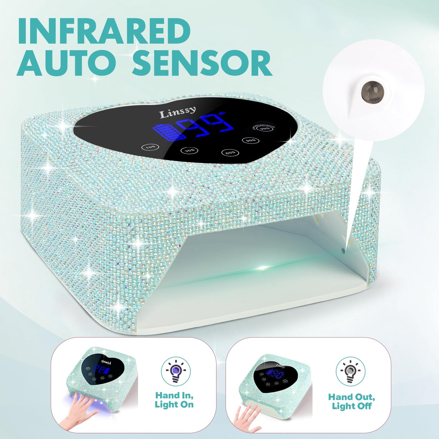 Linssy UV Nail Lamp, 72W Cordless Nail Lamp Nail Dryer with 5 Timer Settings, Large Heart Shape Smart LCD Screen with Touch Control UV Light for Nails, Professional LED Nail Lamp (Diamond)
