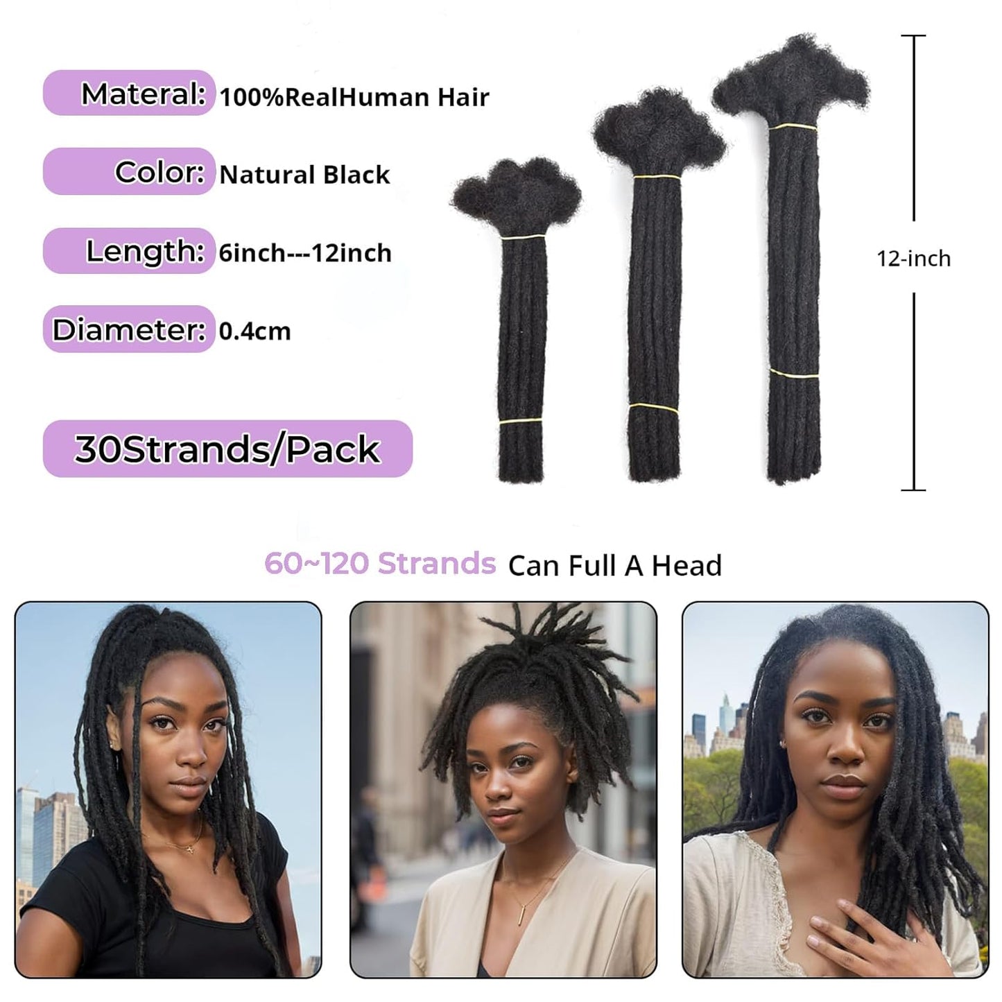 Human Hair Loc Extensions - 12 Inch Dreadlock Extensions | 30 Strands, 100% Handmade, Natural Black, Can Be Dyed & Curled